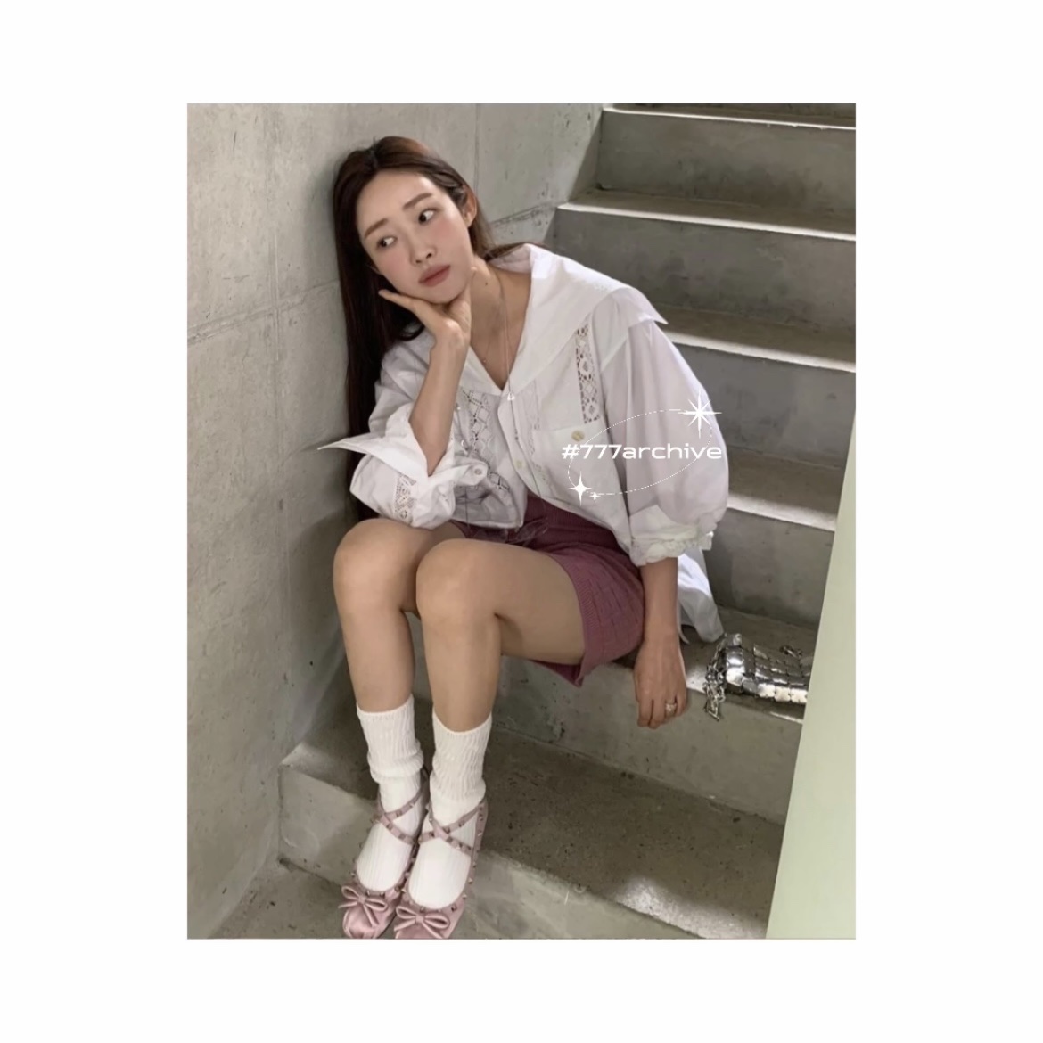 (W) Valentino Rockstud Satin Ballerina Water Lilac 착용 스타일 - 1