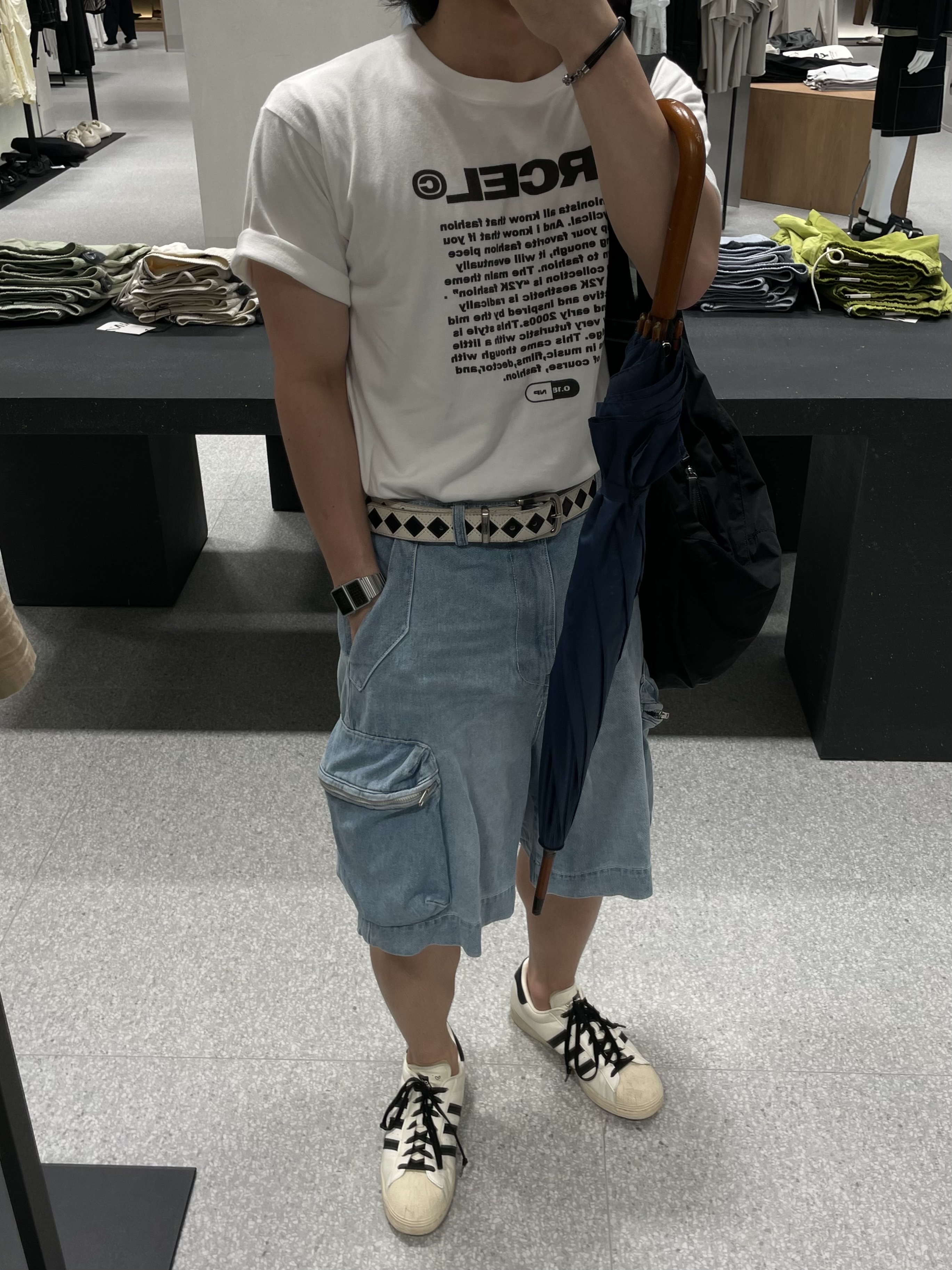 Adidas x Andre Saraiva Superstar Cream White Core Black, Stussy Argyle Stitch Leather Belt Cream 착용 스타일 - 2