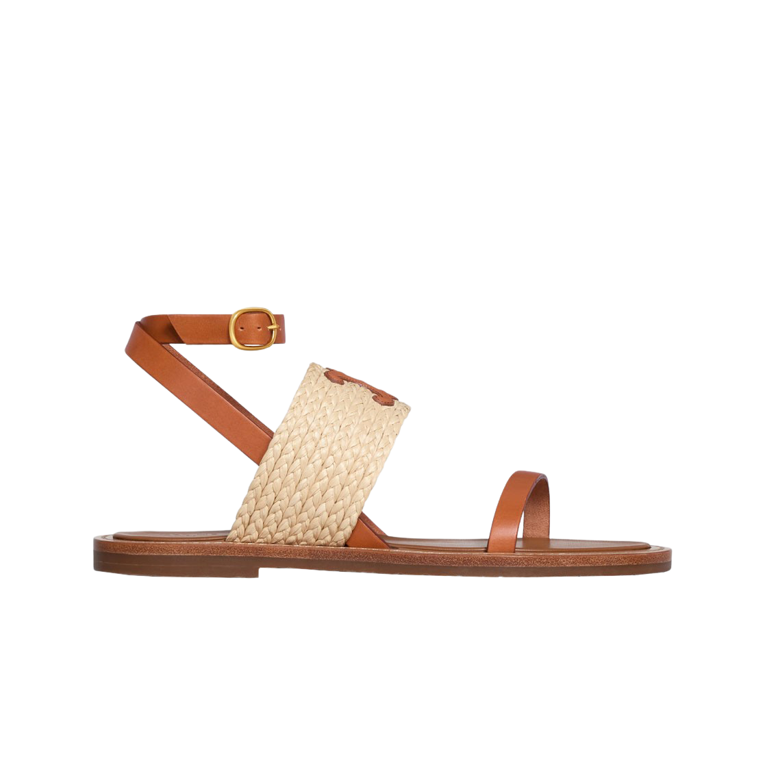 352392246C-02ET (W) Celine Lympia Flat Strap Sandal in Raffia & Vegetal Calfskin Beige Tan