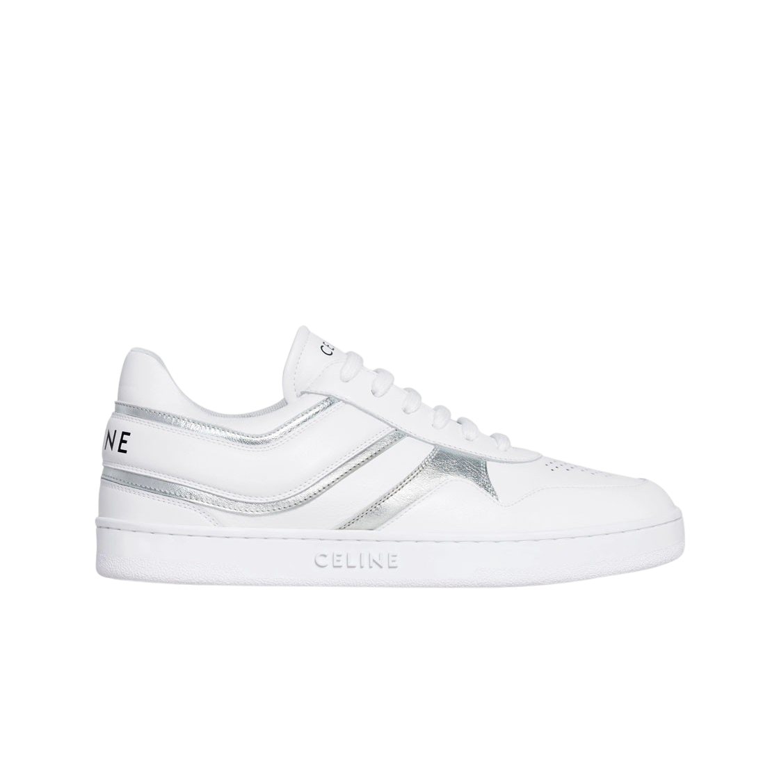 (W) Celine Trainer Low Lace-Up Sneakers in Calfskin & Laminated Calfskin Optic White Silver 상세 이미지 1