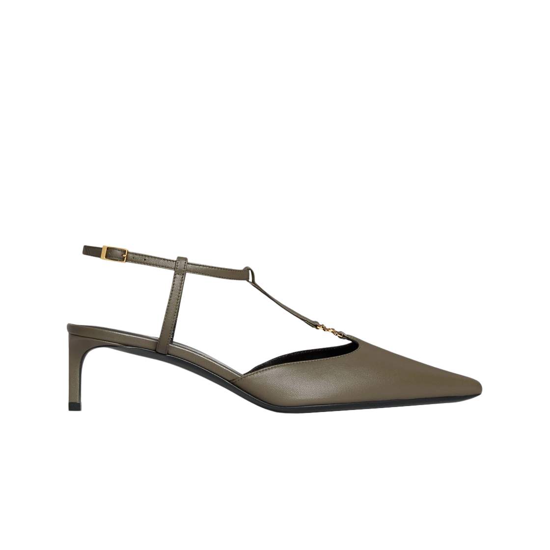 (W) 셀린느 키드스킨 골드 피니싱 트리옹프 T 바 키튼 스트랩 다크 올리브((W) Celine Kitten with Triomphe T-Bar Strap in Kidskin Gold Finishing Dark Olive) - 1
