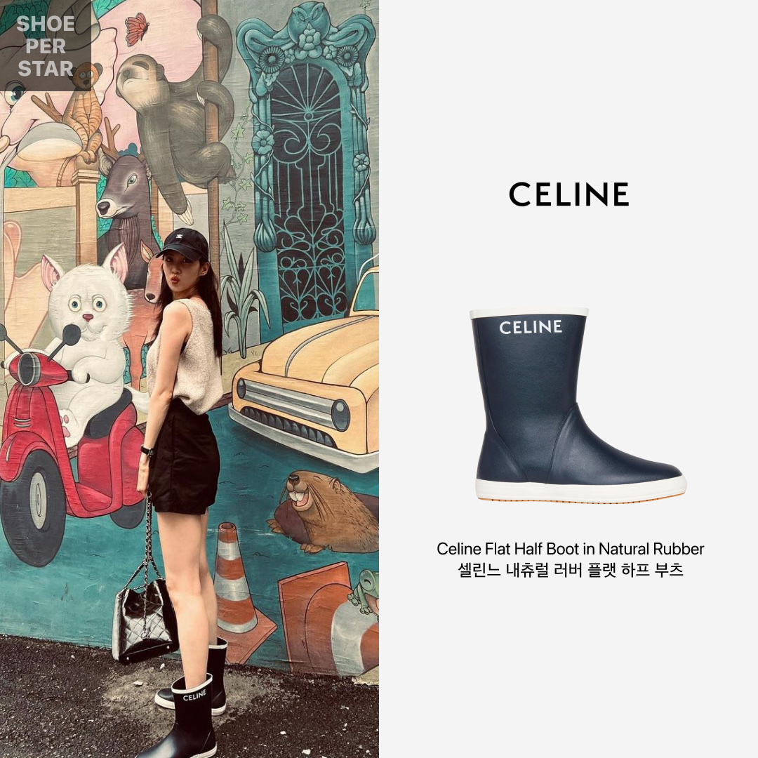 (W) Celine Flat Half Boot Les Bottles De Pont Celine in Natural Rubber Navy 착용 스타일 - 1