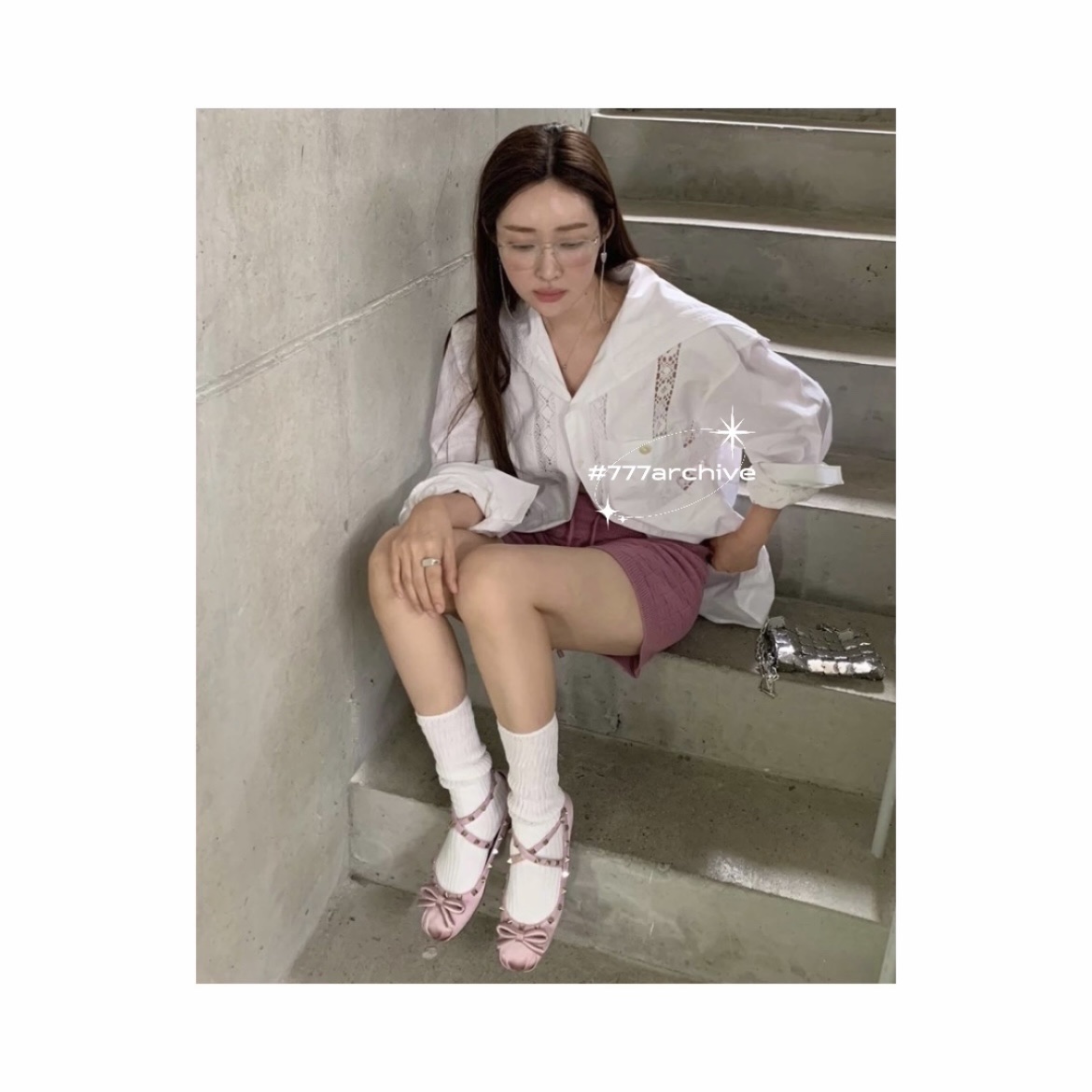 (W) Valentino Rockstud Satin Ballerina Water Lilac 착용 스타일 - 2