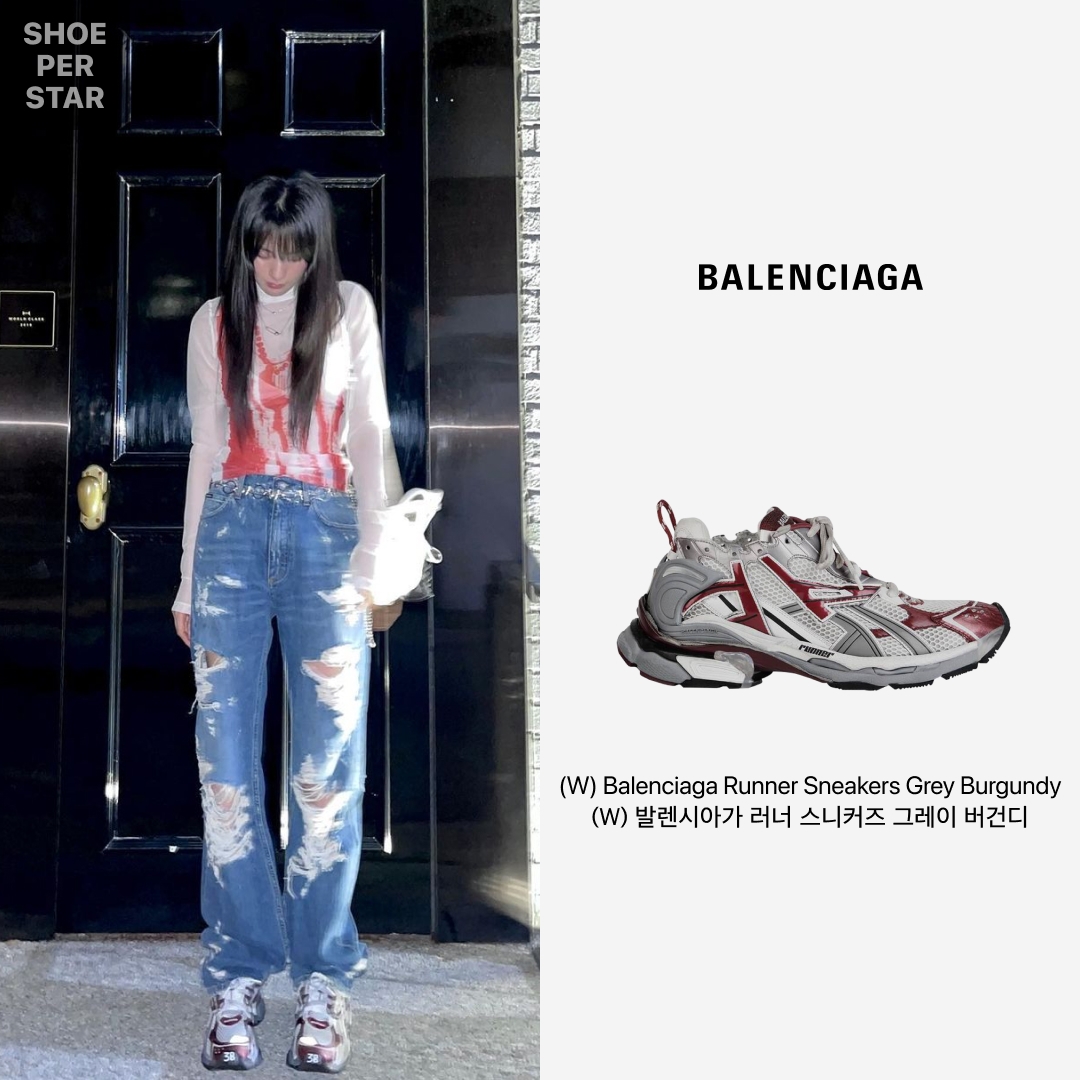 (W) Balenciaga Runner Sneakers Grey Burgundy 착용 스타일 - 1