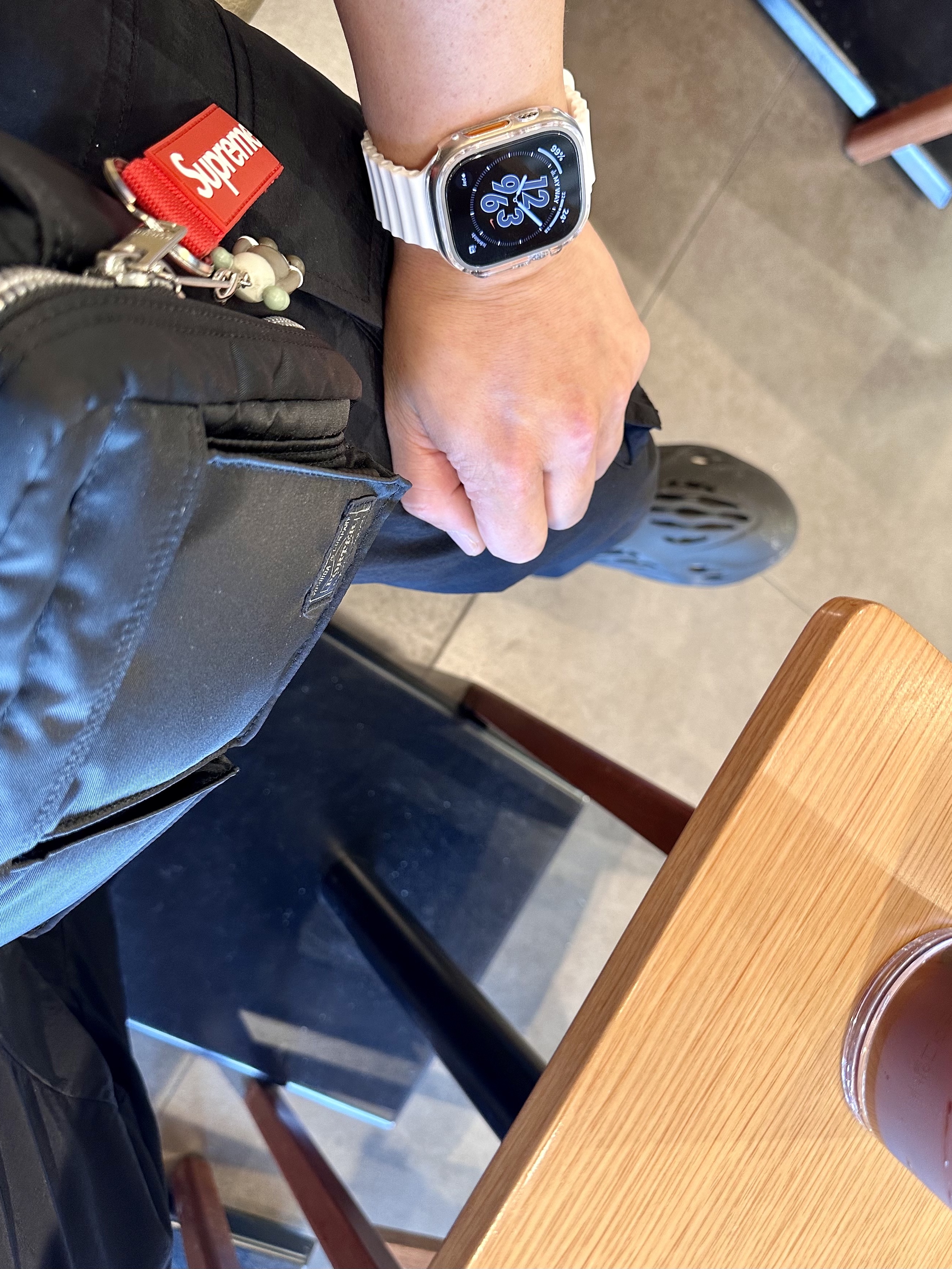 Apple Watch Ultra 49mm Titanium Case with Ocean Band White (Korean Ver.), Supreme Webbing Keychain Red - 23SS 착용 스타일