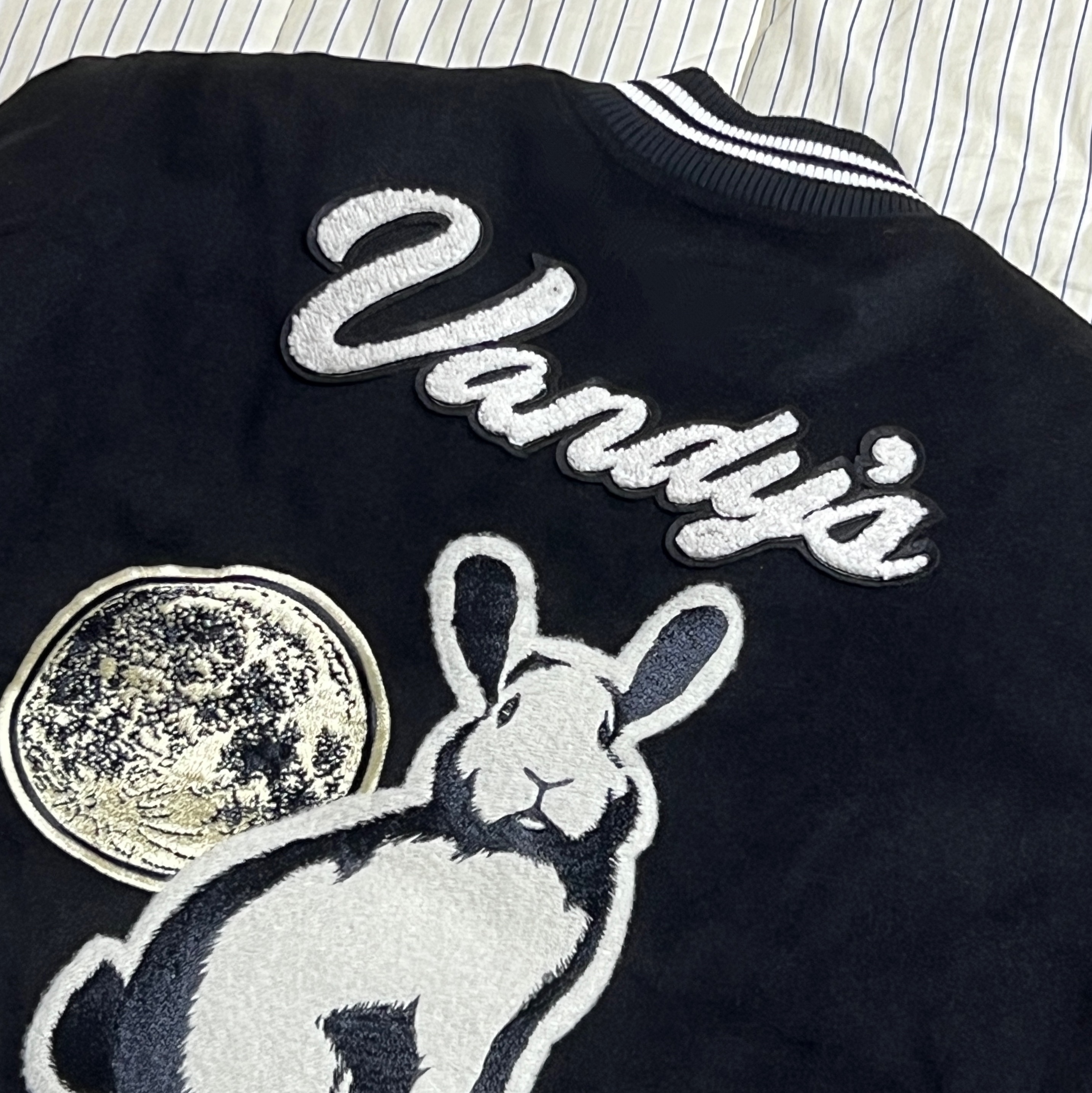 Vandy The Pink Year Of Rabbit Varsity Jacket Black 착용 스타일 - 2