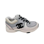 (W) Chanel Sneakers Fabric Suede Calfskin & Grey White