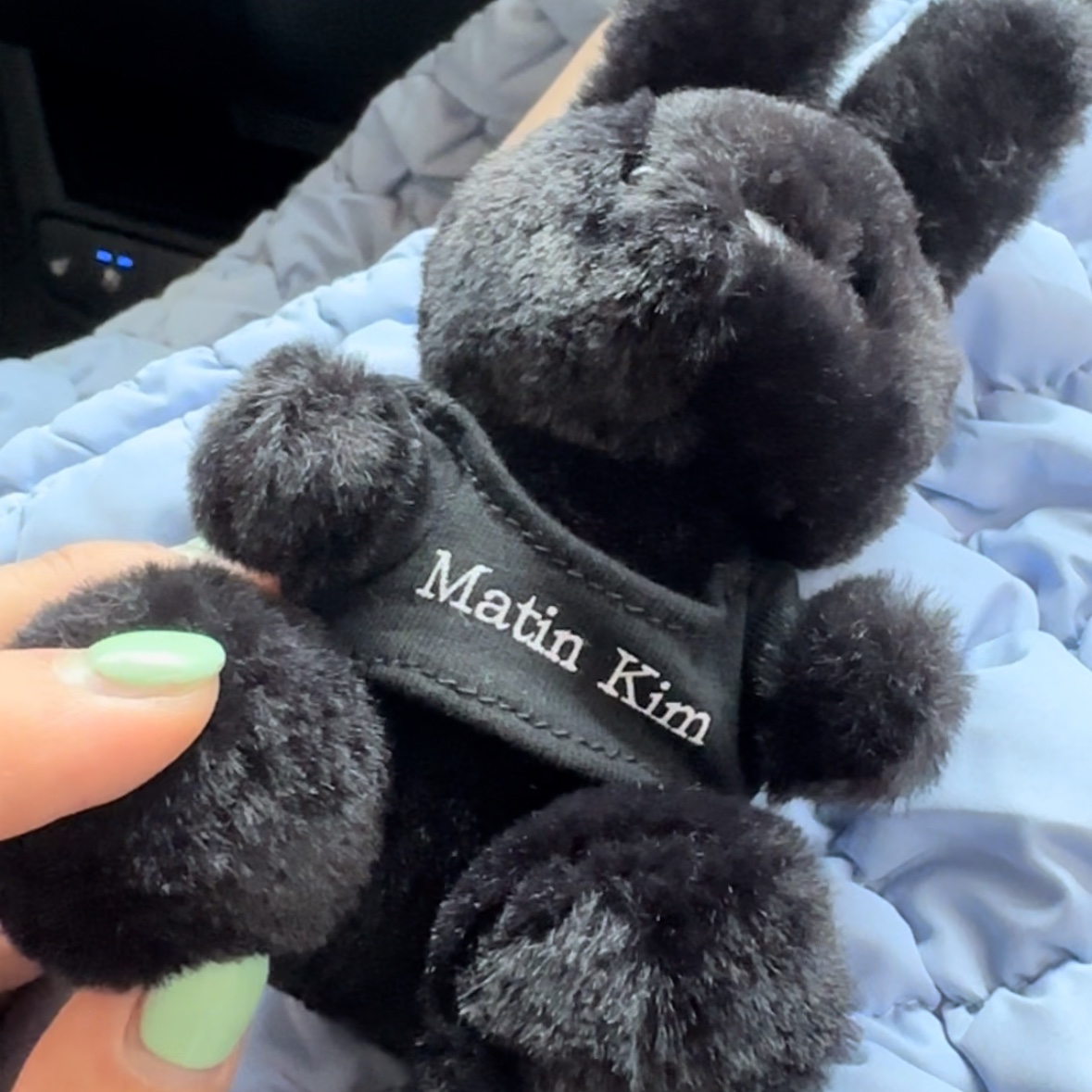 Matin Kim Black Bunny Toy Keyring Black, COS Quilted Mini Bag Light Blue 착용 스타일