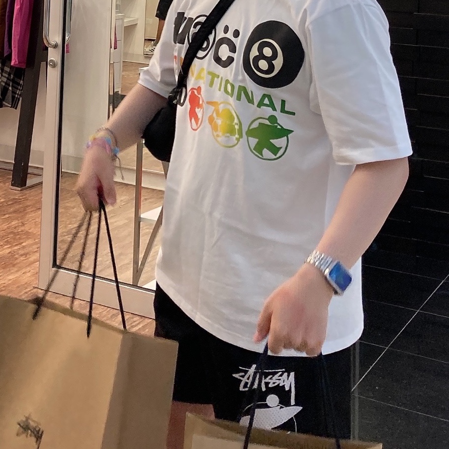 Stussy x Cactus Plant Flea Market International T-Shirt White, Stussy Surfman Mesh Shorts Black 착용 스타일