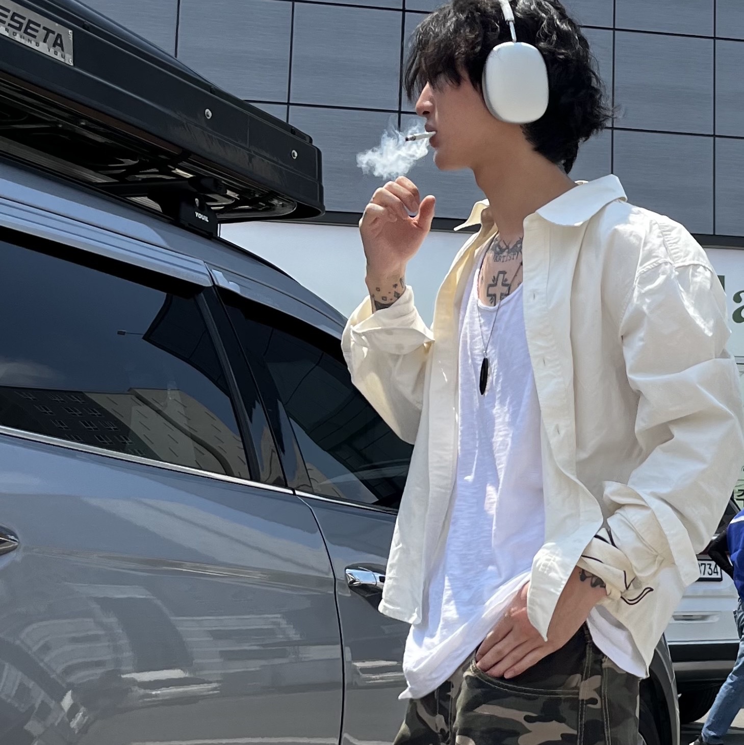 Apple AirPods Max Lightning Silver (Korean Ver.), Peaceminusone 5 Panel Ball Cap #1 Blue 착용 스타일 - 3