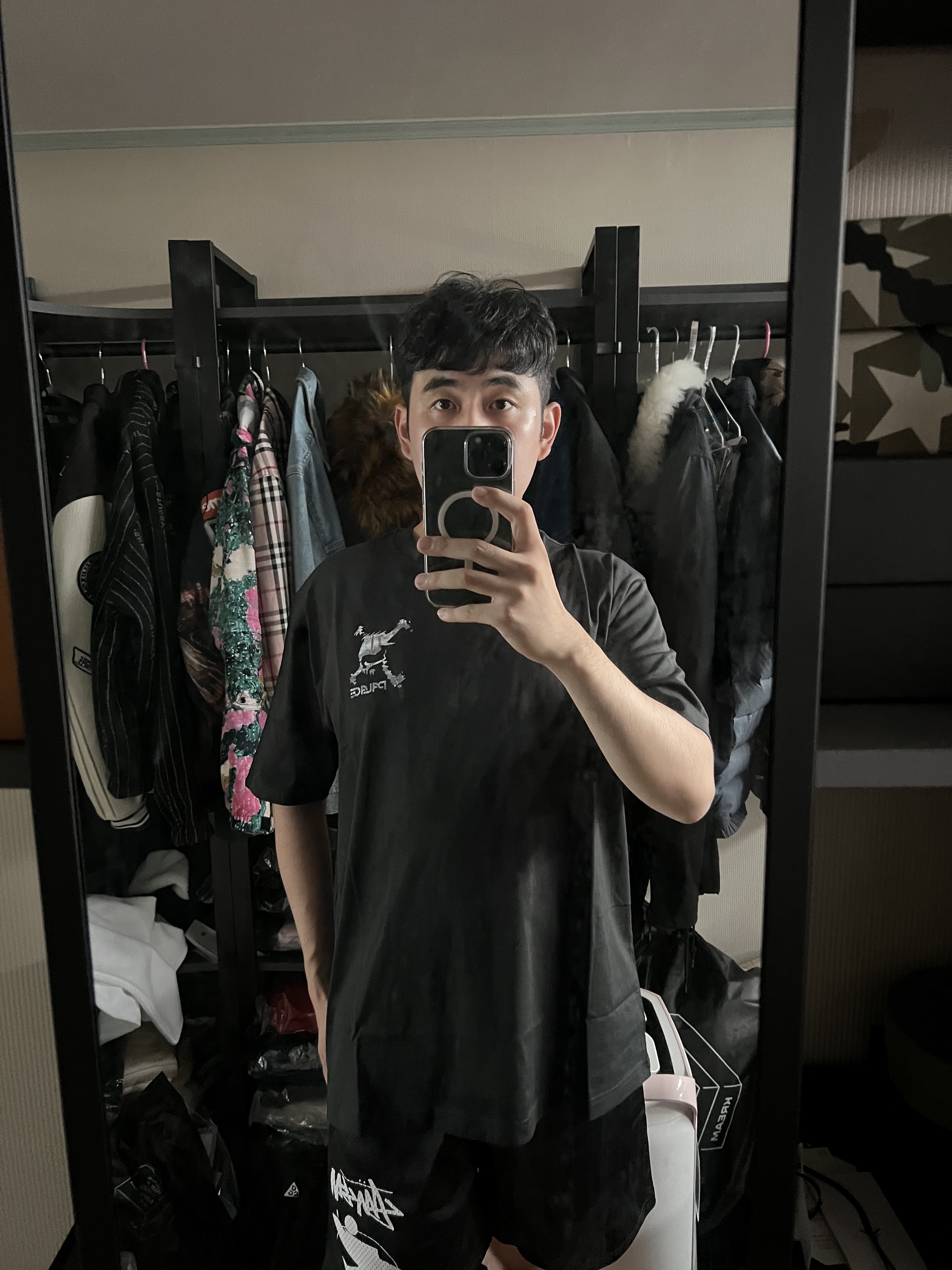 Palace x Oakley T-Shirt Black - 23SS, Stussy Surfman Mesh Shorts Black 착용 스타일