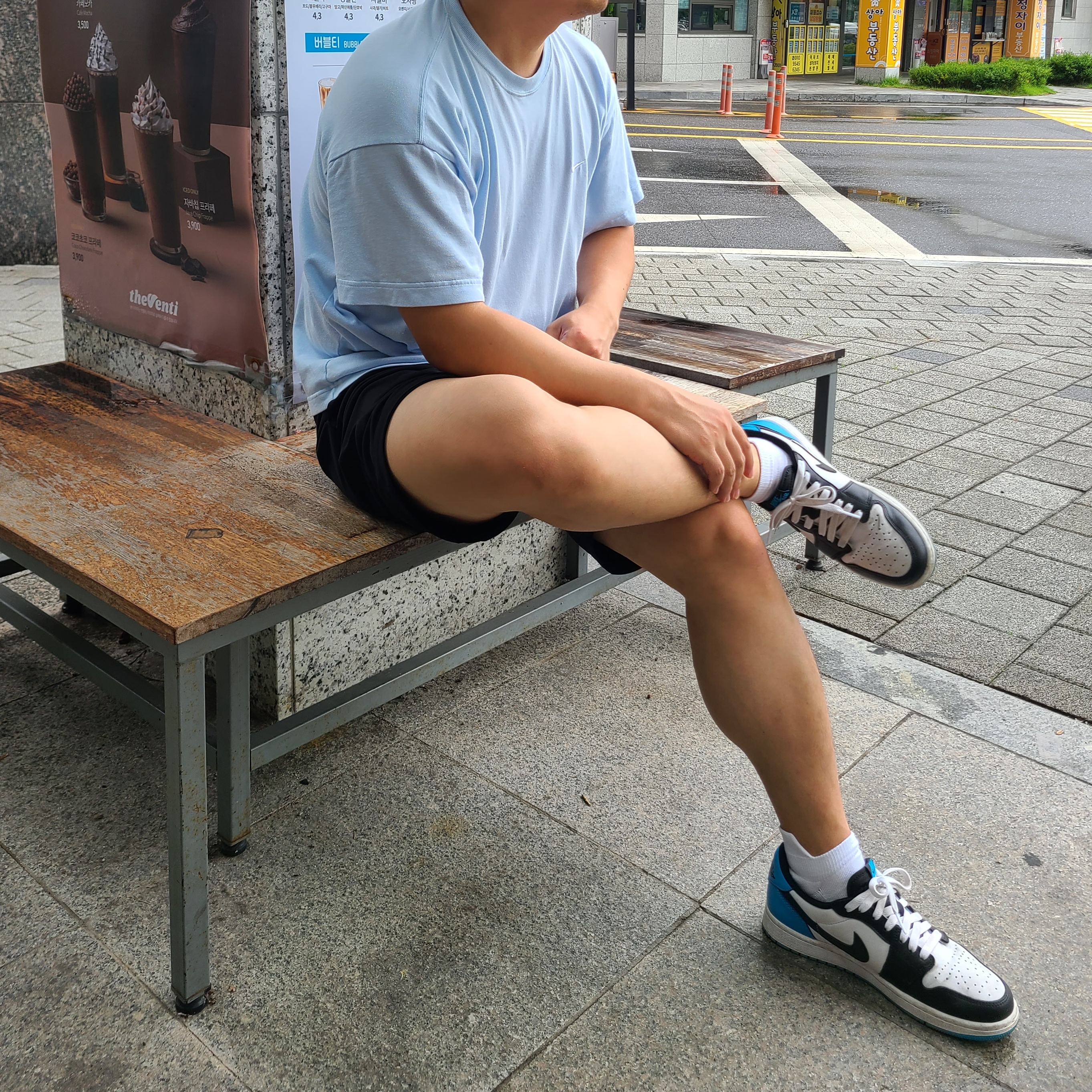 Jordan 1 Retro Low OG Black and Dark Powder Blue, Nike NRG Solo Swoosh T-Shirt Celestine Blue White - Asia 착용 스타일