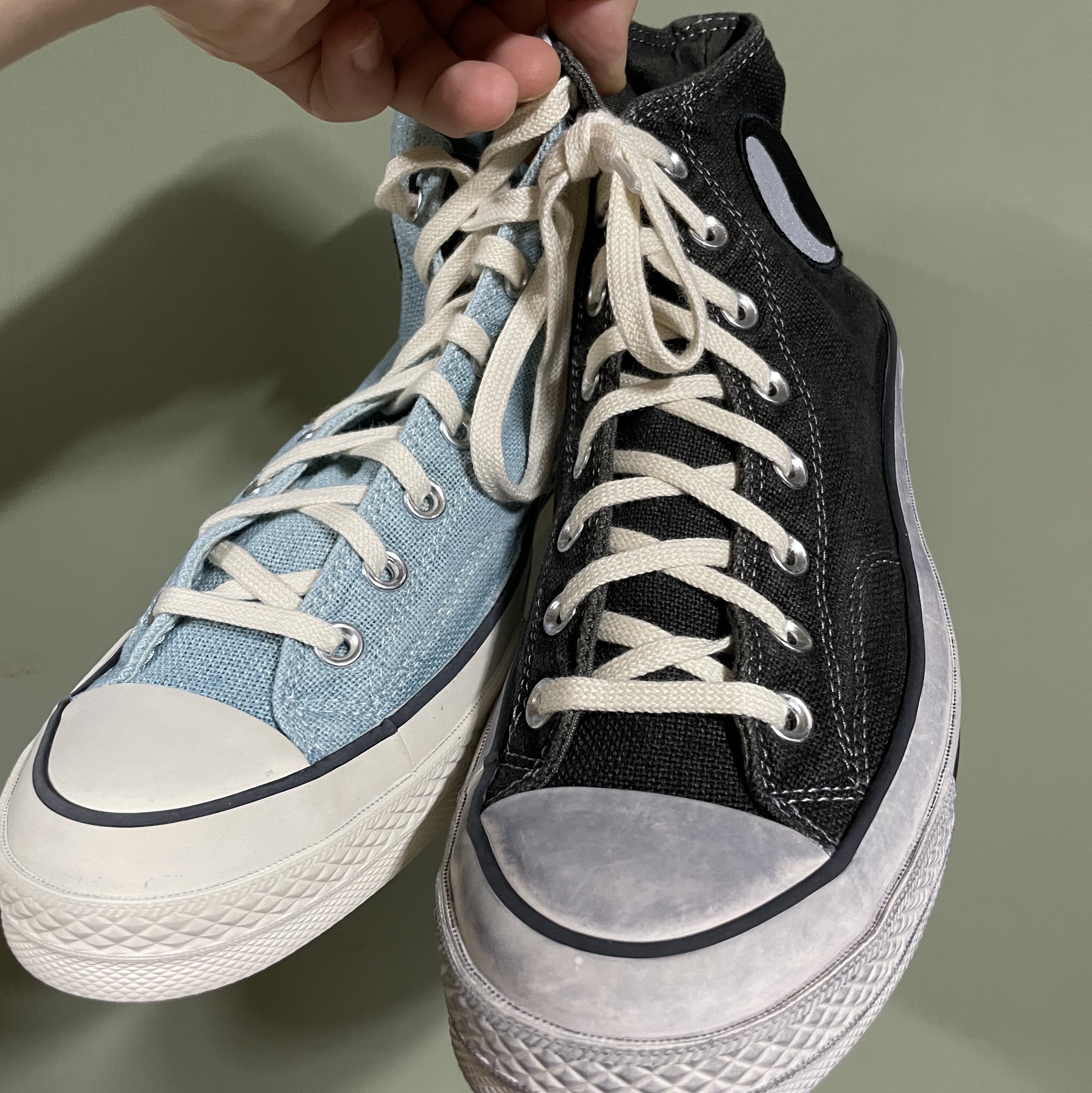 Converse x Stussy x Our Legacy Work Shop Chuck 70 High Pool Blue, Converse x Stussy x Our Legacy Work Shop Chuck 70 High Pigeon Grey 착용 스타일