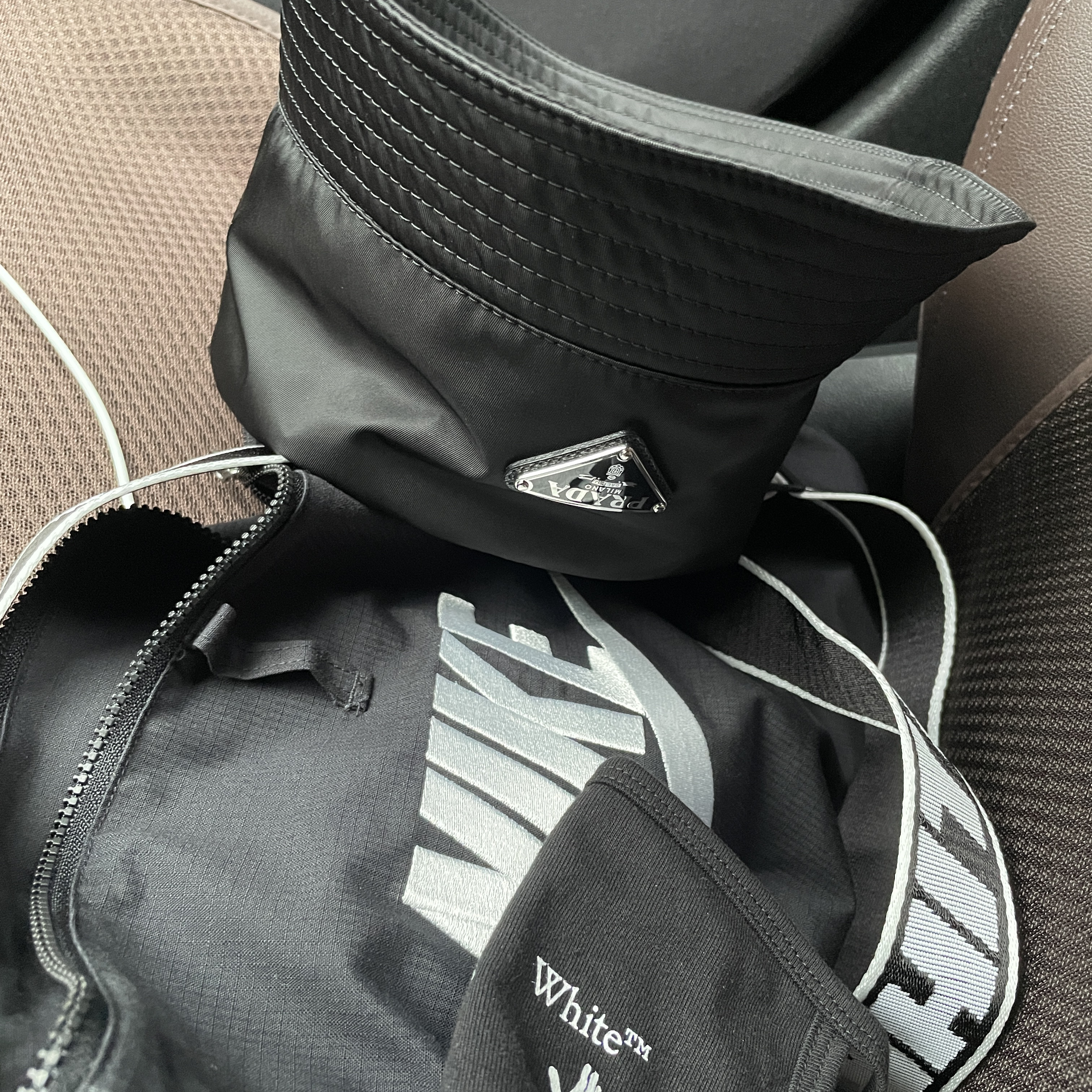 Prada Re-Nylon Bucket Hat Black, Off-White x Amore Pacific Protection Box (Without Cosmetics) 착용 스타일