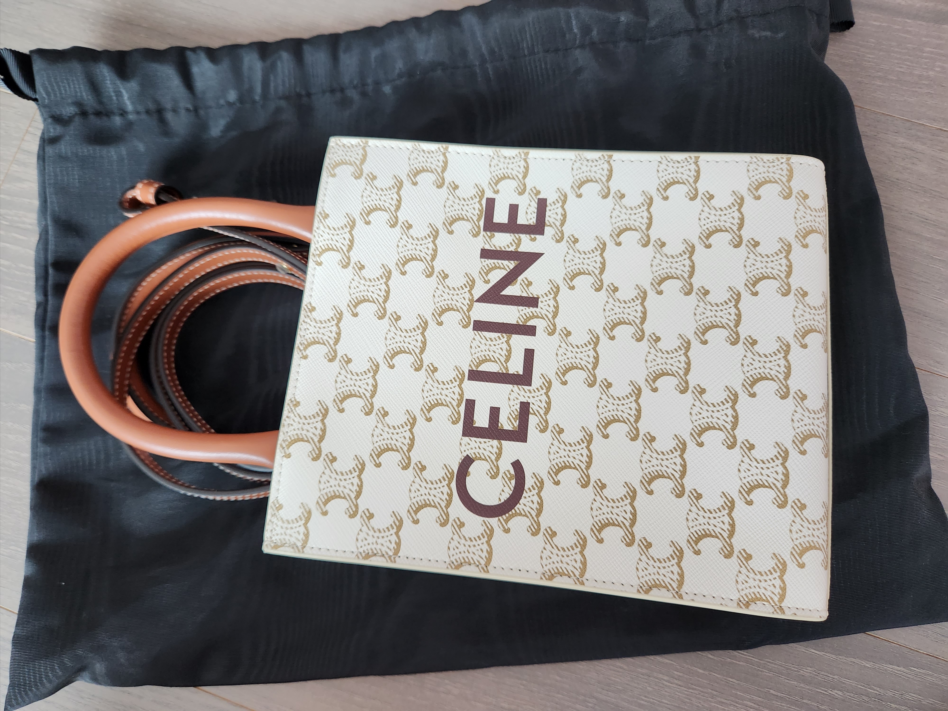 Celine Mini Vertical Cabas in Triomphe Canvas and Calfskin with Celine Print White 착용 스타일