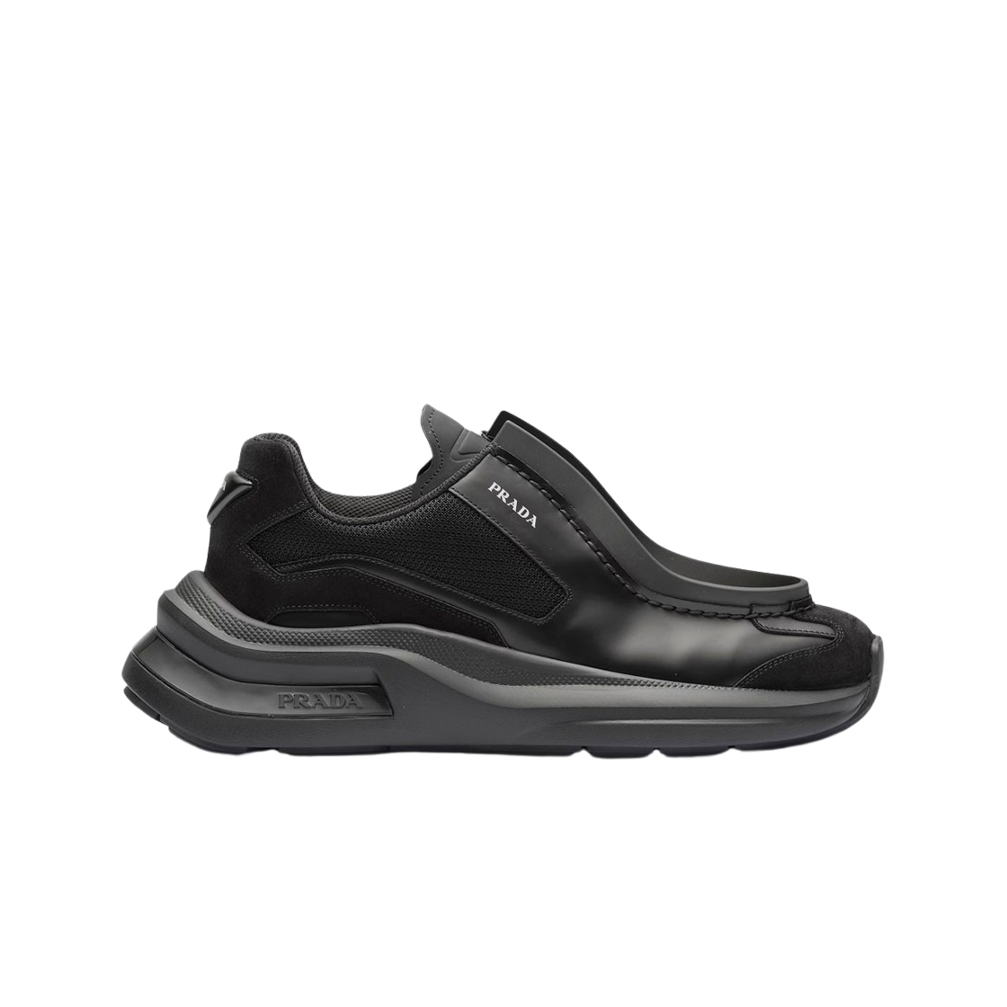 2EG424-3C37-F0002 Prada Brushed Leather Sneakers with Bike Fabric and Suede Elements Black