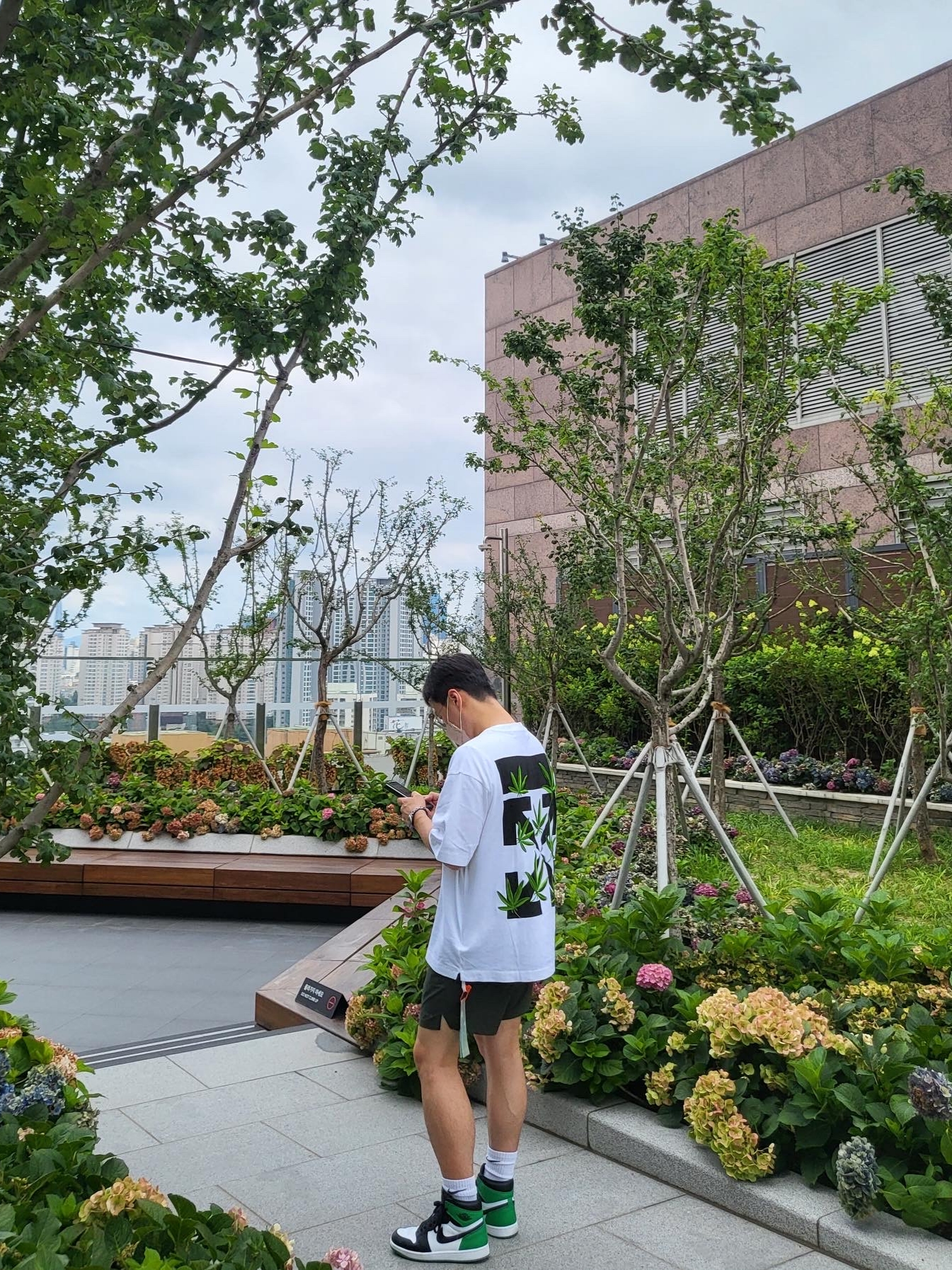 Off-White Weed Arrow Skate Over S/S T-Shirt White, Jordan 1 Retro High OG Black and Lucky Green 착용 스타일 - 1