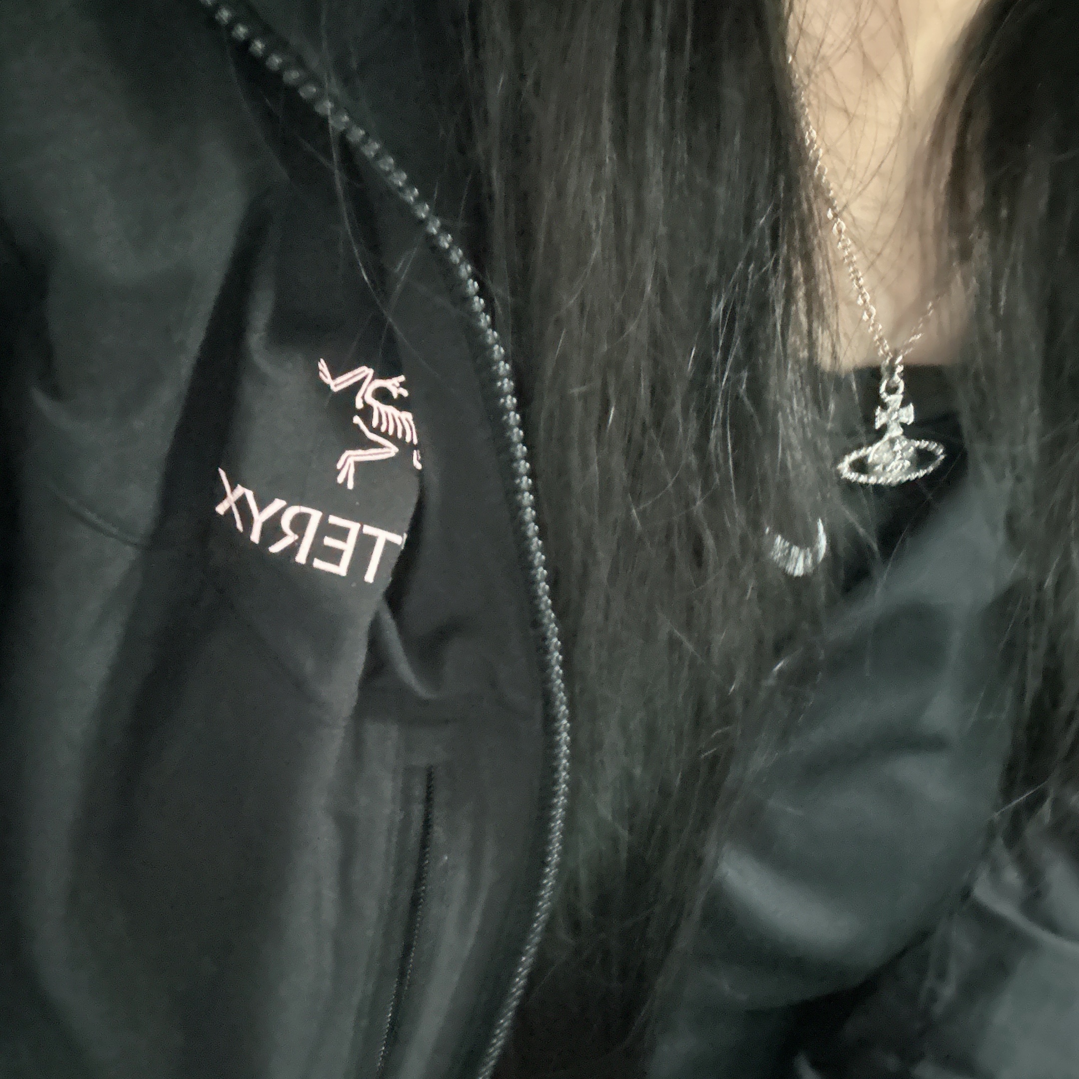 Arc'teryx Squamish Hoody Black, Vivienne Westwood Mayfair Bas Relief Pendant Silver 착용 스타일 - 1