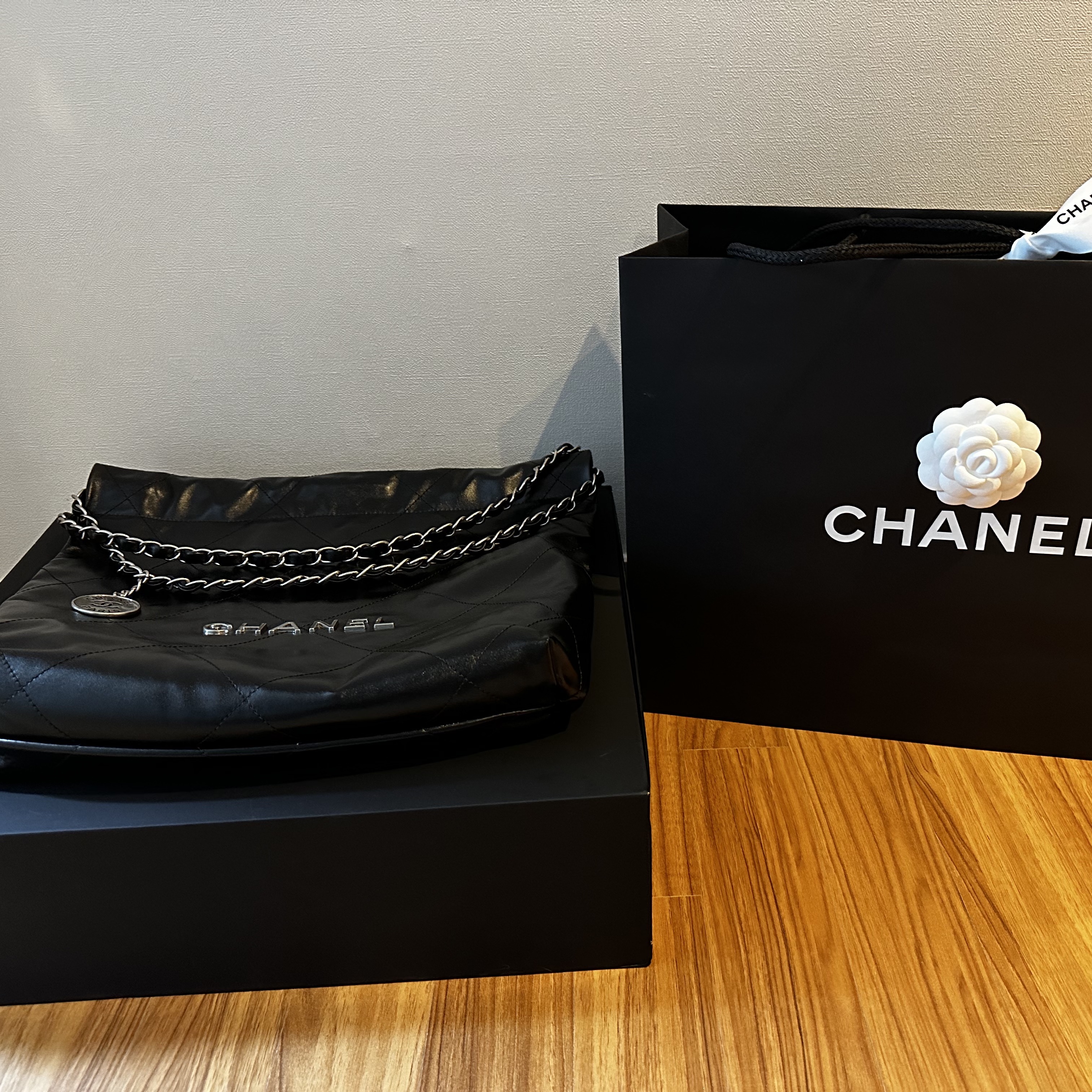 Chanel 22 Small Handbag Shiny Calfskin & Silver Black 착용 스타일
