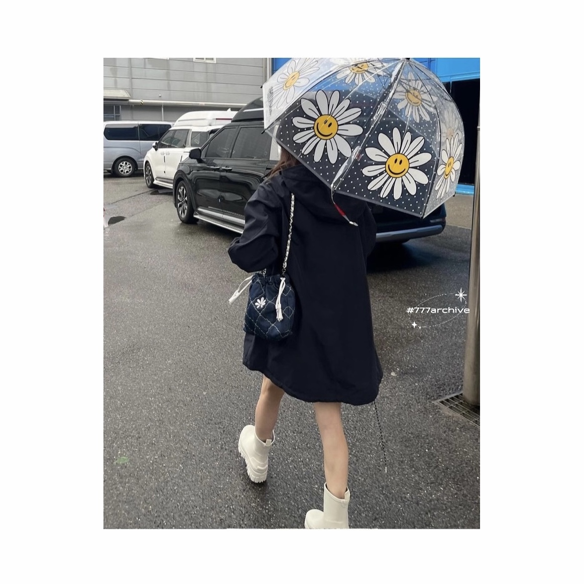 (W) Rockfishweatherwear Flatform Middle Rain Boots Cream 착용 스타일 - 4