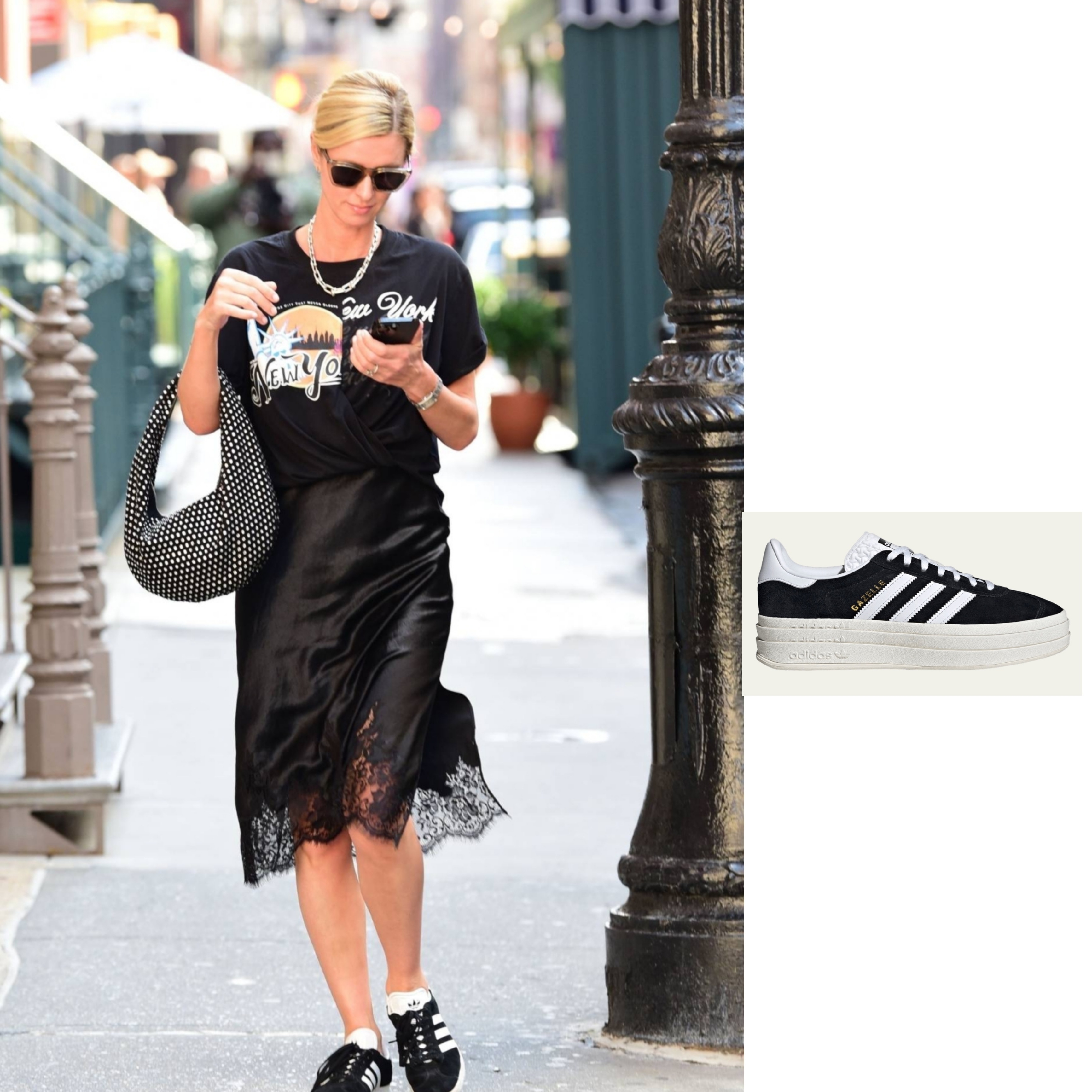 (W) Adidas Gazelle Bold Core Black Cloud White 착용 스타일 - 1