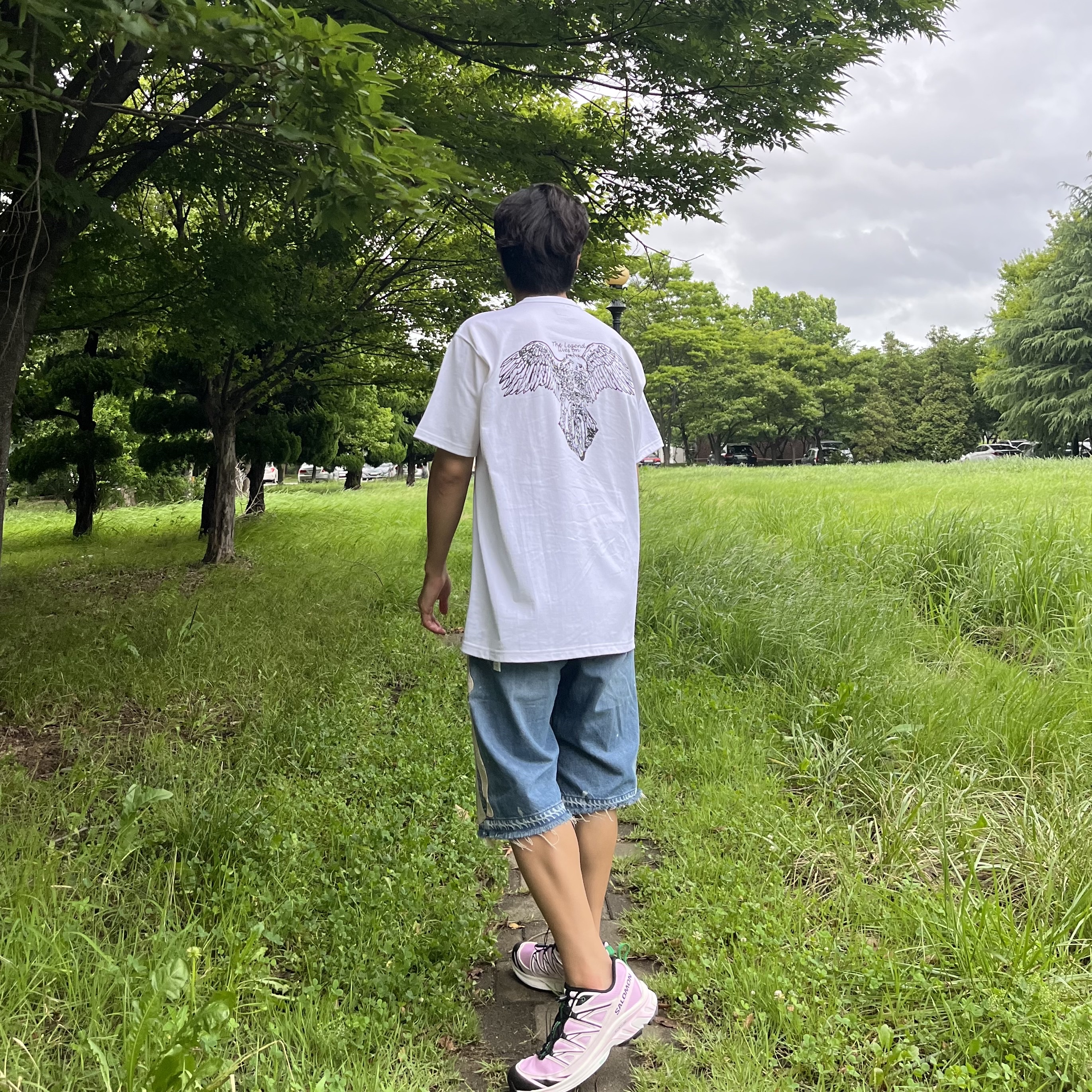 Kapital 14 oz. Denim 5P Bone Embroidery Short Pants Indigo (Processing), Salomon x Sandy Liang XT-6 Expanse Cradle Pink 착용 스타일 - 2