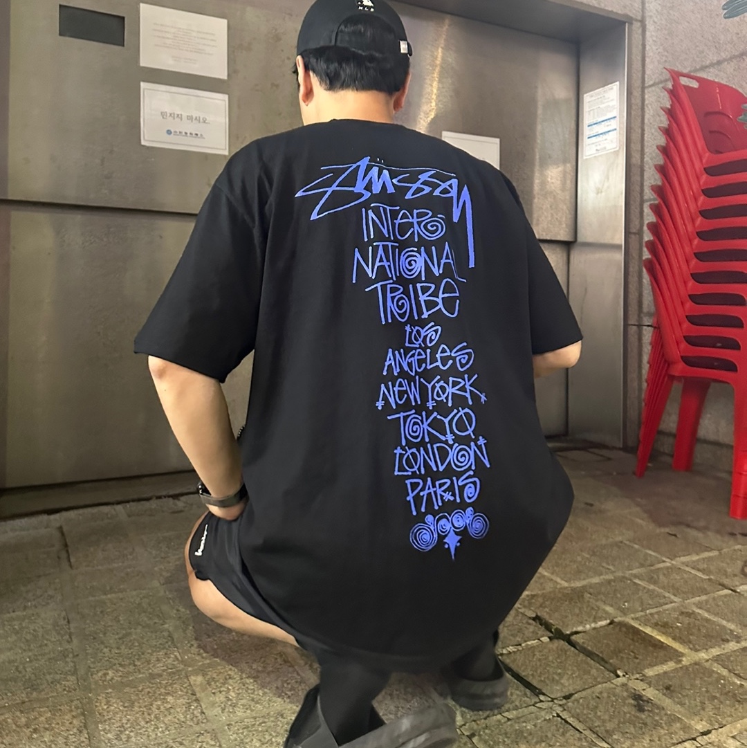 Stussy Tribe Stack T-Shirt Black, Stussy Stock Water Shorts Black 착용 스타일