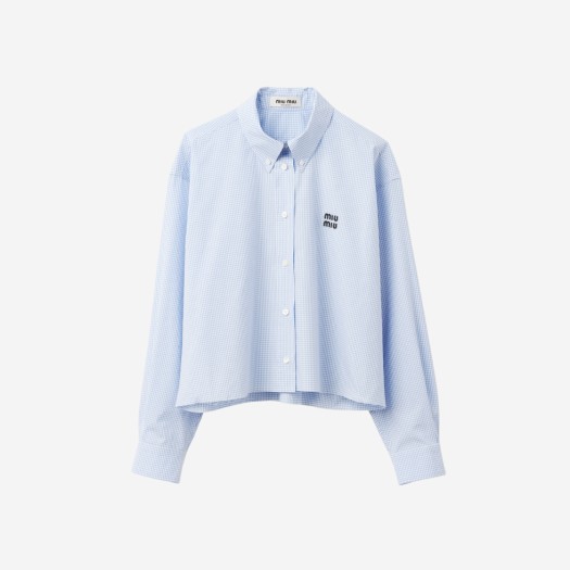 (W) 미우 미우 깅엄 체크 로우 컷 포플린 셔츠 화이트 라이트 블루