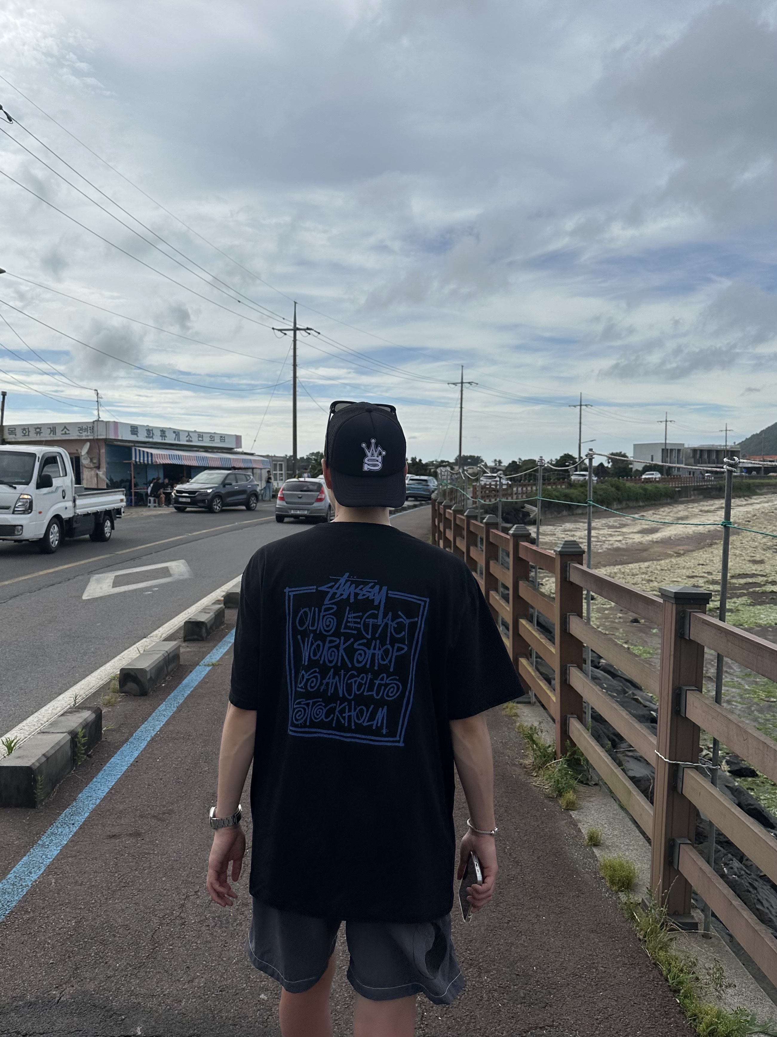 Stussy x Our Legacy Frame Pigment Dyed T-Shirt Black, Stussy x Our Legacy Work Shop Water Shorts Charcoal 착용 스타일