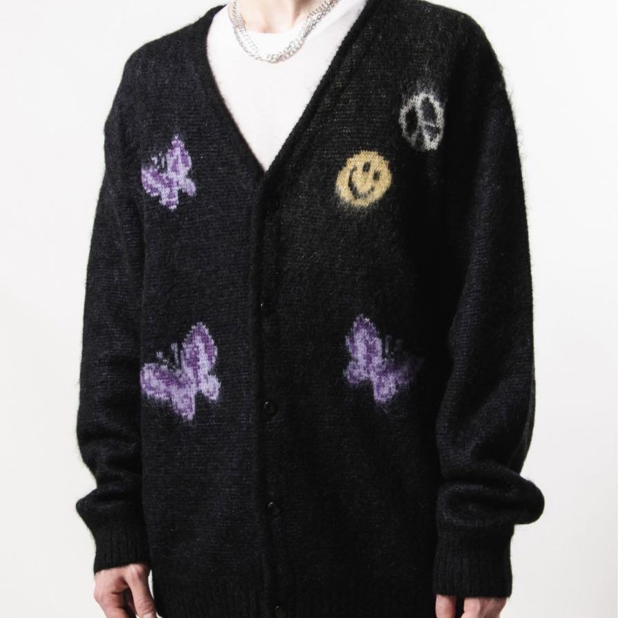 Needles x Nubian Mohair Pappillon Smile & Peace Cardigan Black 착용 스타일