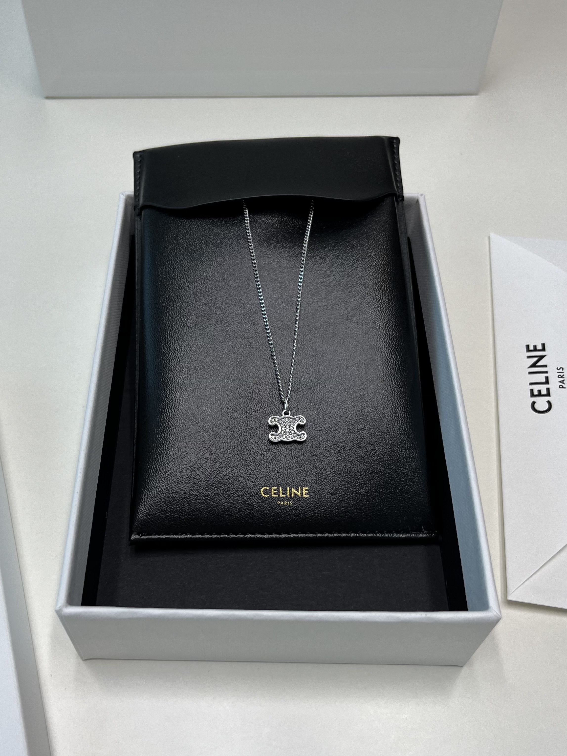 (W) Celine Triomphe Rhinestone Necklace in Brass with Rhodium Finish and Crystals Silver 착용 스타일