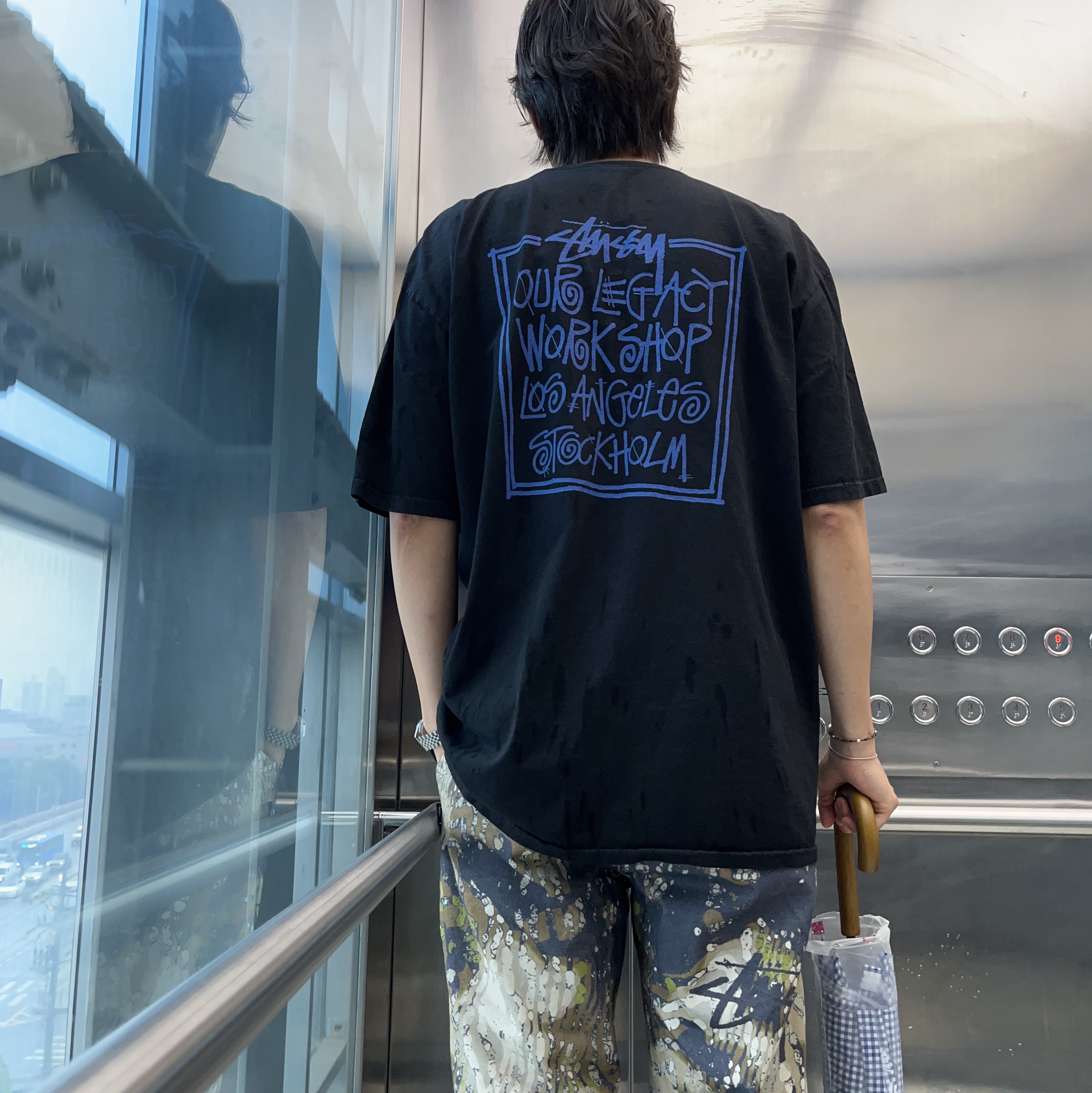 Stussy x Our Legacy Frame Pigment Dyed T-Shirt Black, Stussy Veil Camo Beach Pants Terranea 착용 스타일