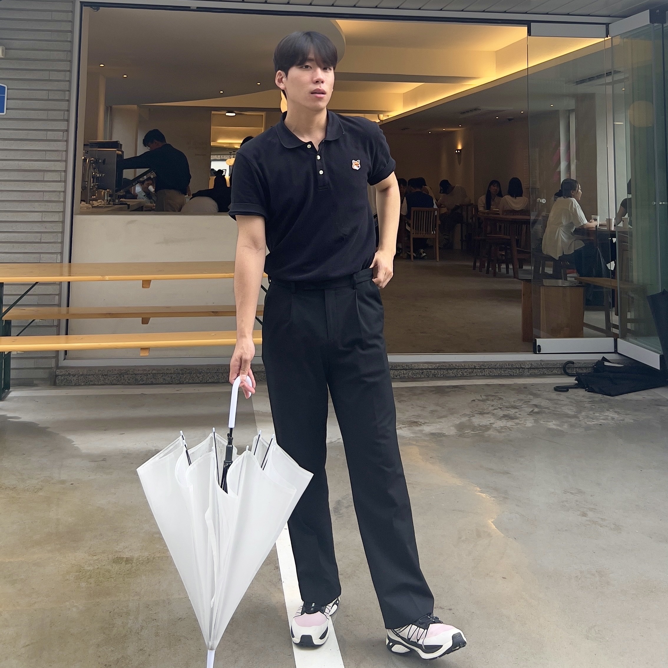 Salomon XT-Wings 2 Cradle Pink, Maison Kitsune Fox Head Patch Classic Polo Black 착용 스타일