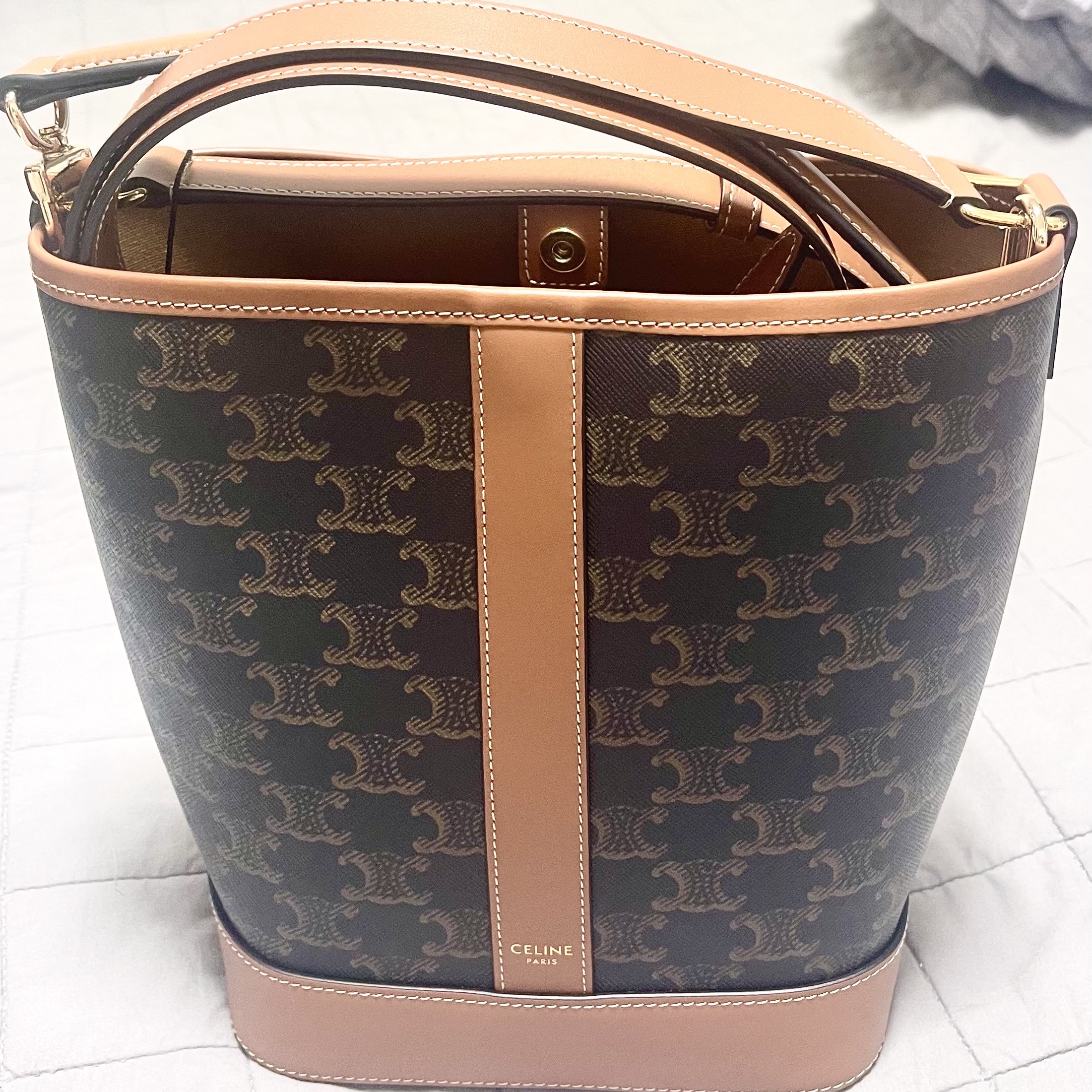 Celine Small Bucket in Triomphe Canvas and Calfskin Tan 착용 스타일