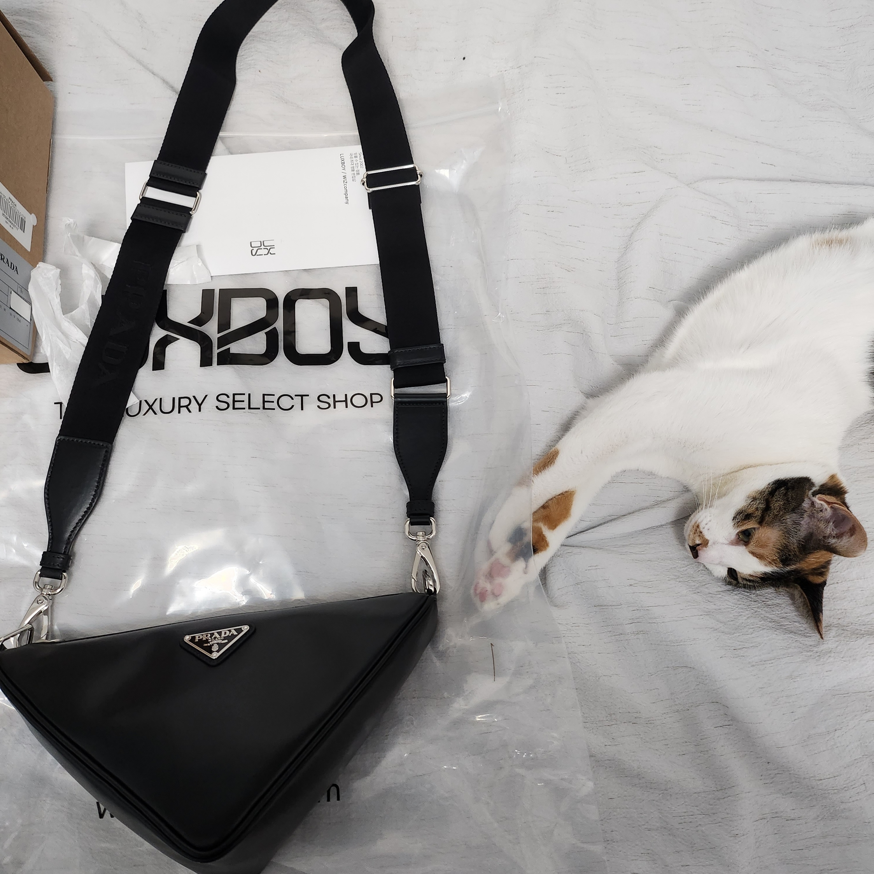 Prada Triangle Leather Bag Black 착용 스타일 - 2
