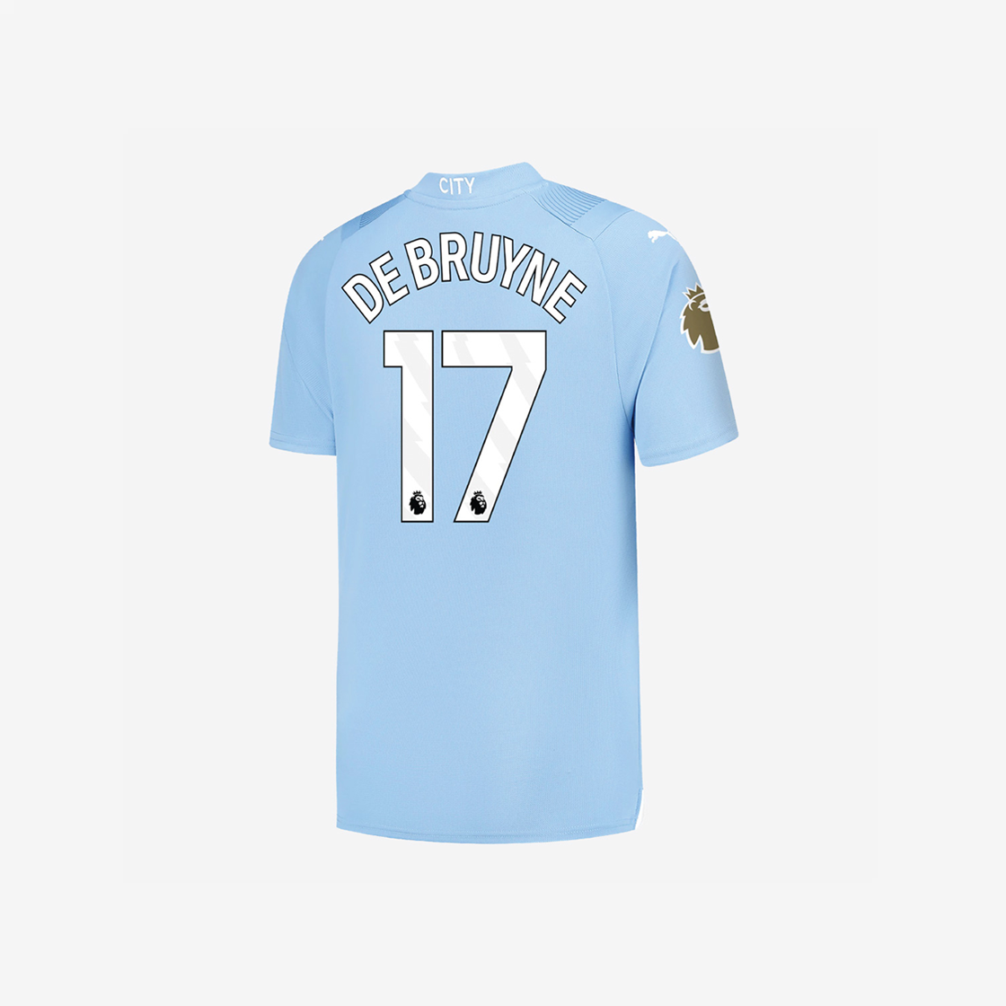푸마 맨체스터 시티 2023/24 홈 저지 팀 라이트 블루 케빈 더 브라위너 (프리미어 리그 풀 마킹 버전)