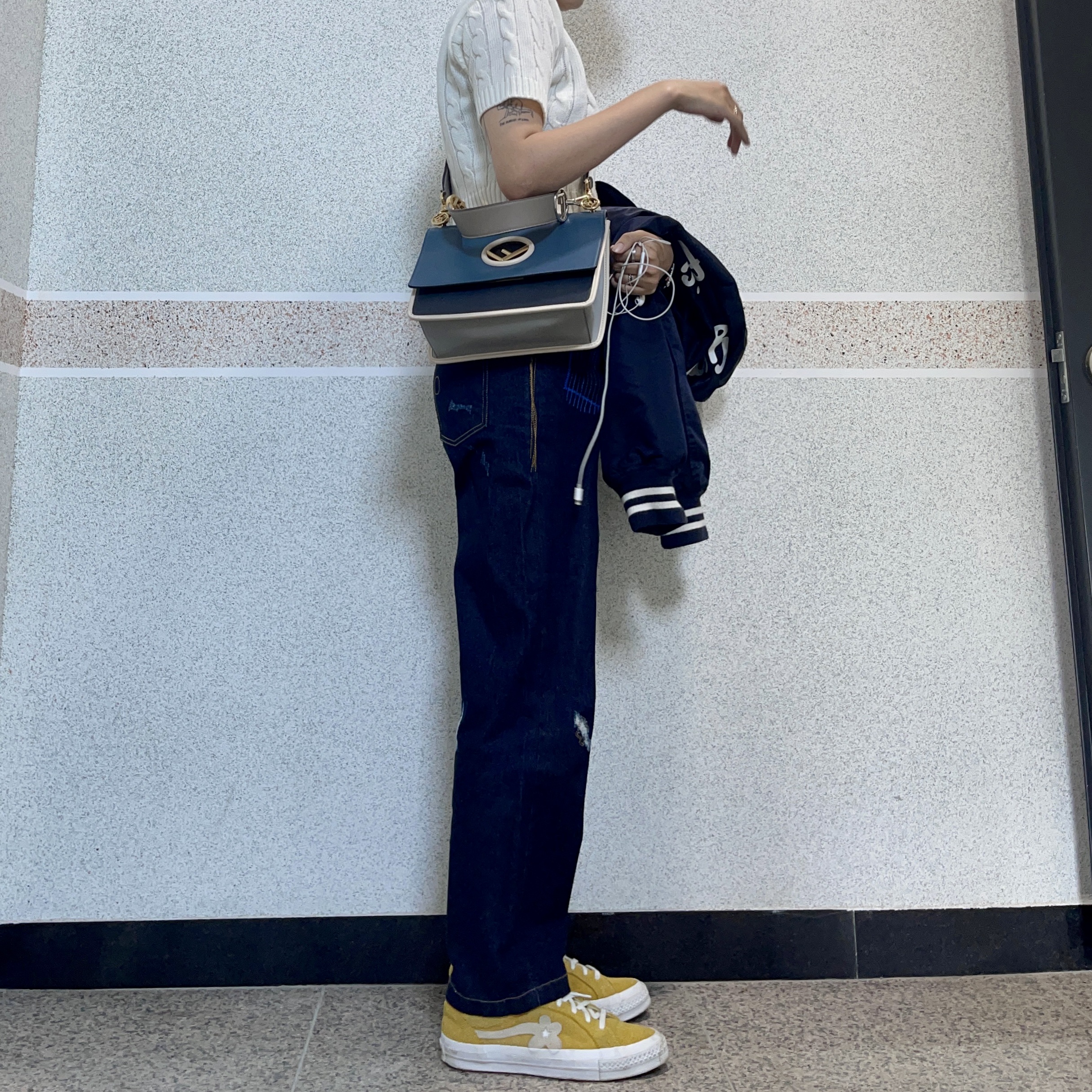 Converse x Golf le Fleur One Star Ox Solar Power, Human Made Nylon Stadium Jacket Navy 착용 스타일 - 2