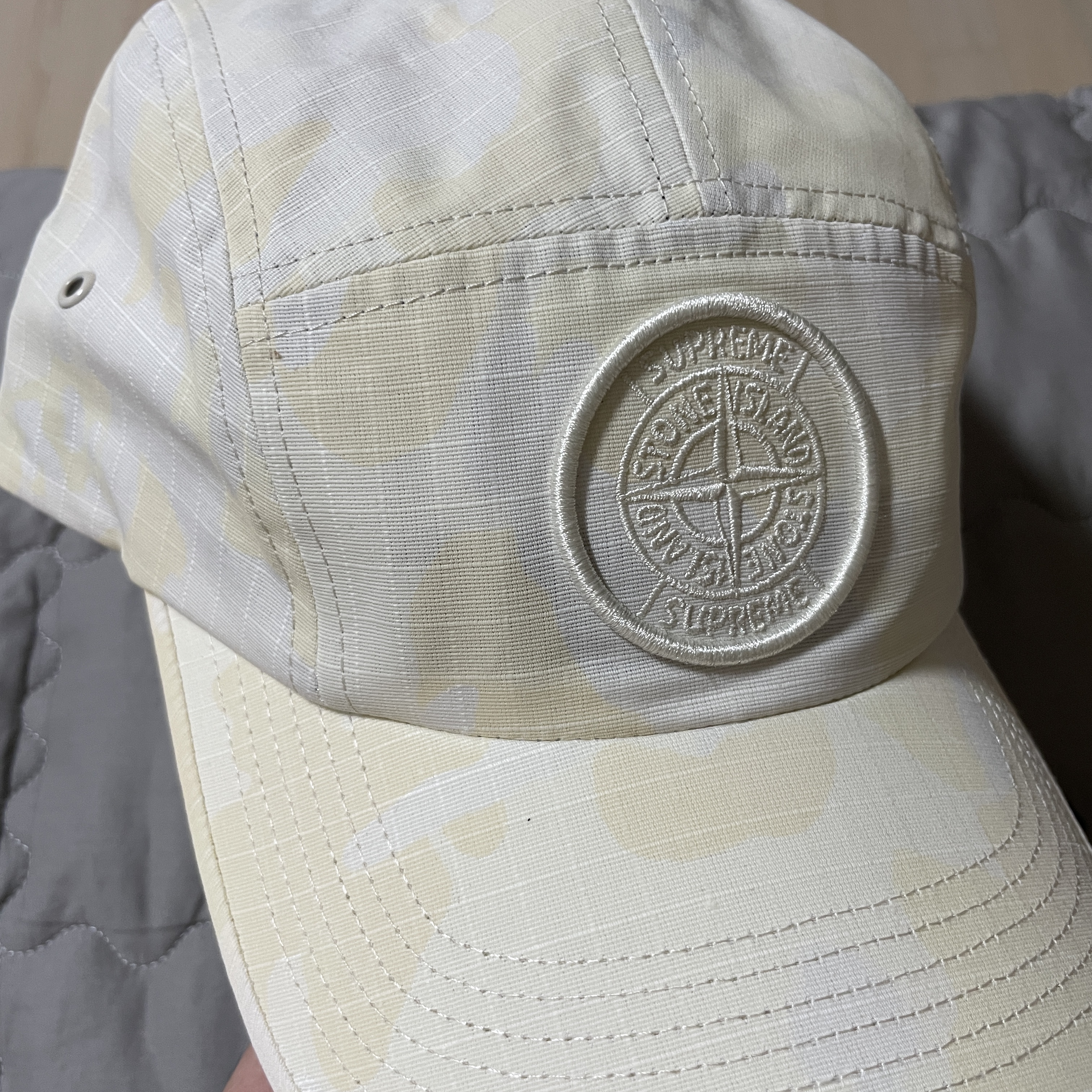 Supreme x Stone Island Reactive Ice Camo Ripstop Camp Cap Tan - 22SS 착용 스타일
