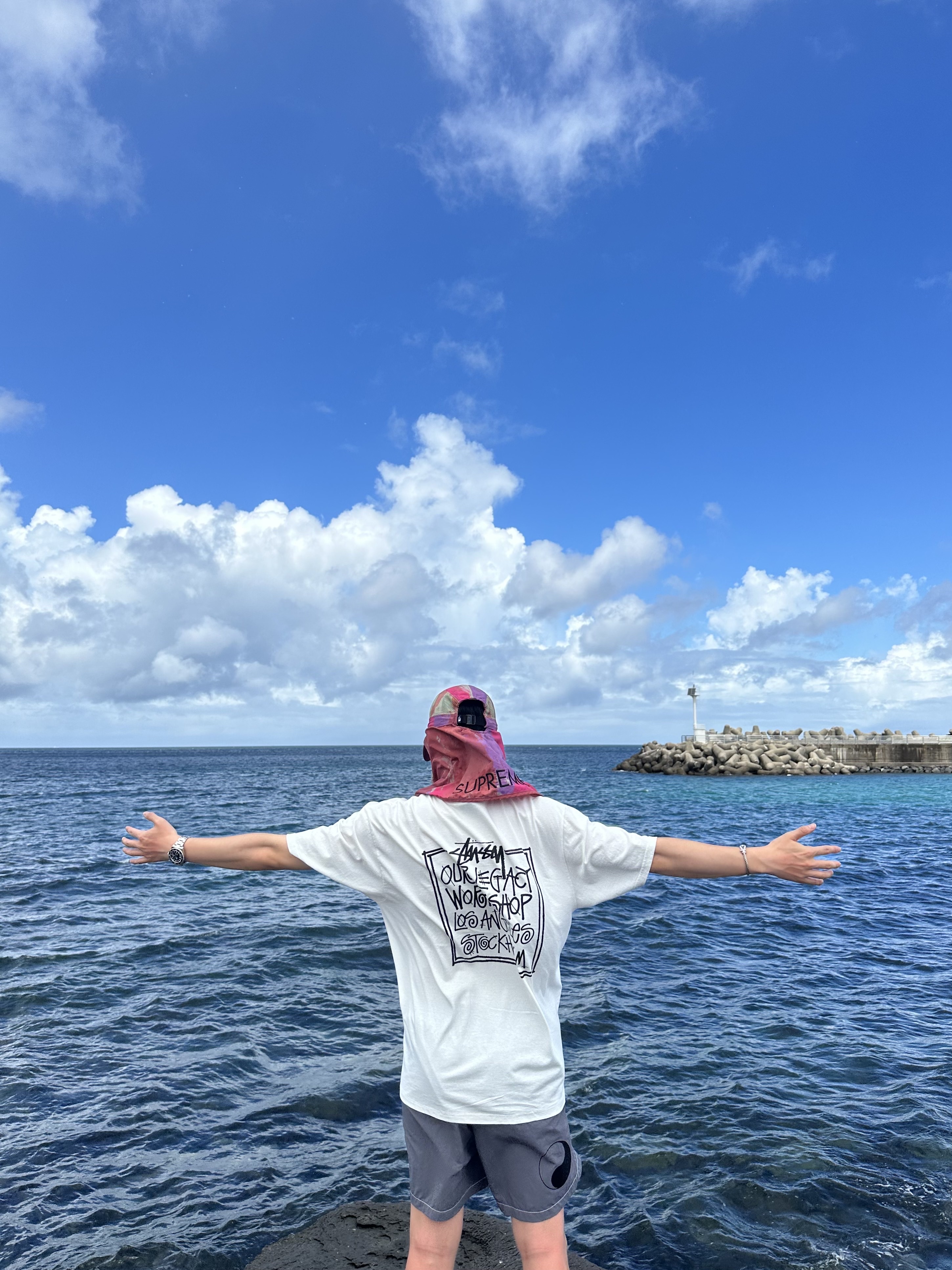 Stussy x Our Legacy Frame Pigment Dyed T-Shirt Natural, Stussy x Our Legacy Work Shop Water Shorts Charcoal 착용 스타일