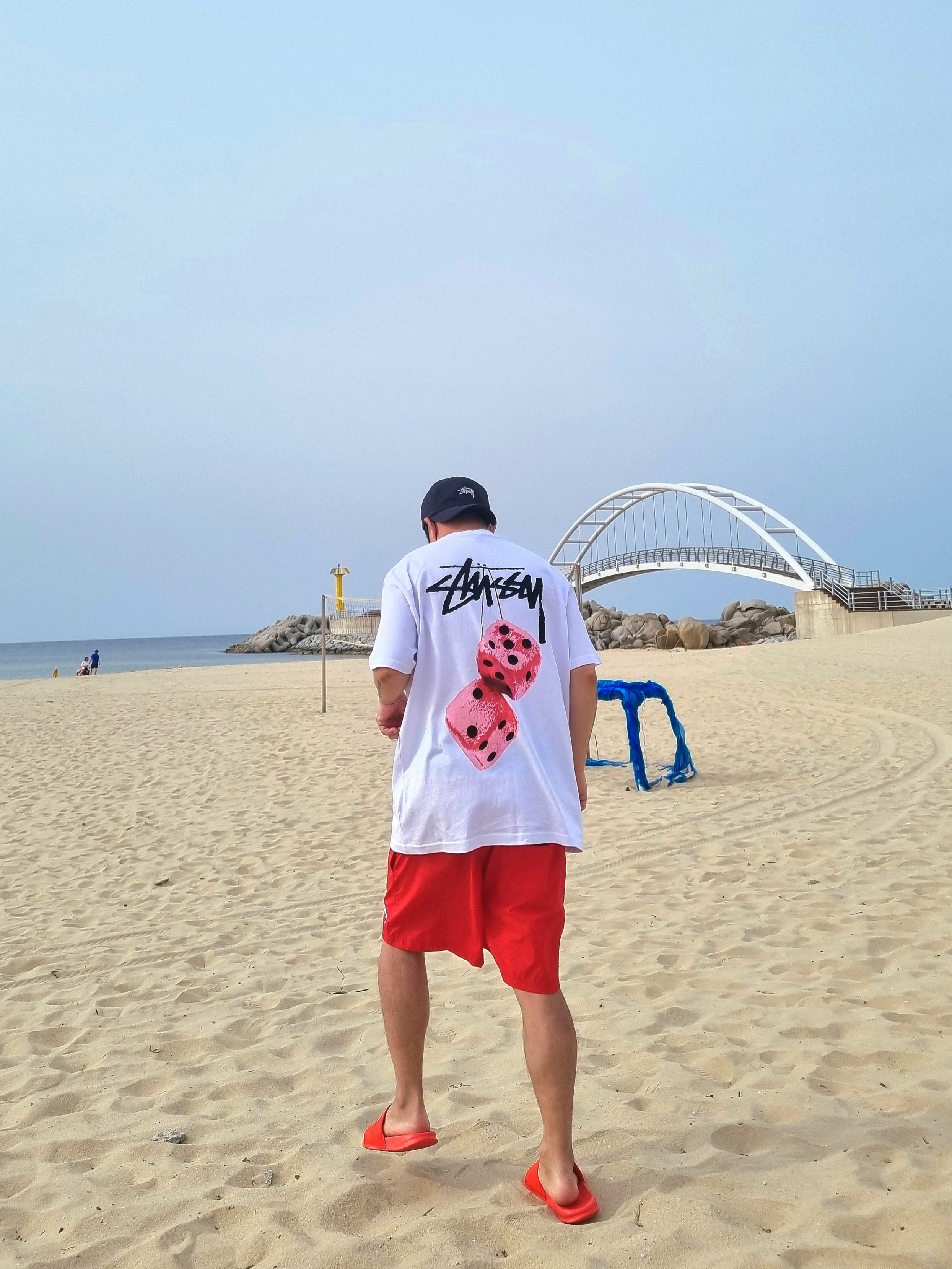 Stussy Fuzzy Dice T-Shirt White, Nike x Stussy Benassi Slide Habanero Red 착용 스타일