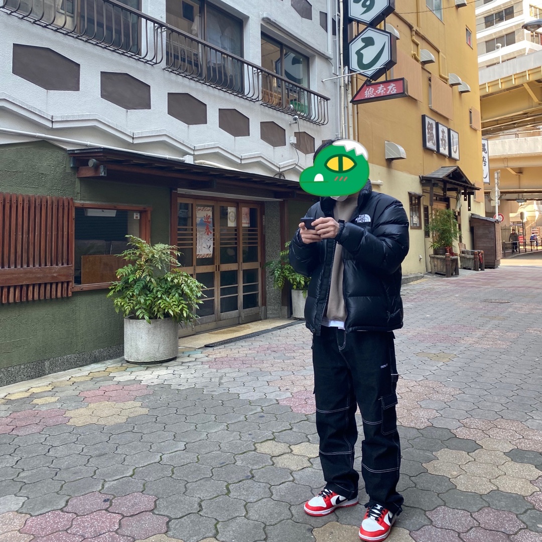 The North Face Nuptse Hybrid Down Ball Jacket Black, Nike x NBA Dunk Low Retro EMB Black and Chile Red 착용 스타일