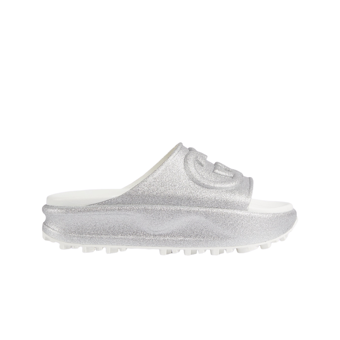 (W) 구찌 인터로킹 G 슬라이드 샌들 메탈릭 실버 러버((W) Gucci Interlocking G Slide Sandal Metallic Silver Rubber) - 1