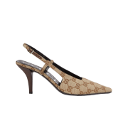 (W) Gucci GG Slingback Pump Beige Ebony GG Canvas