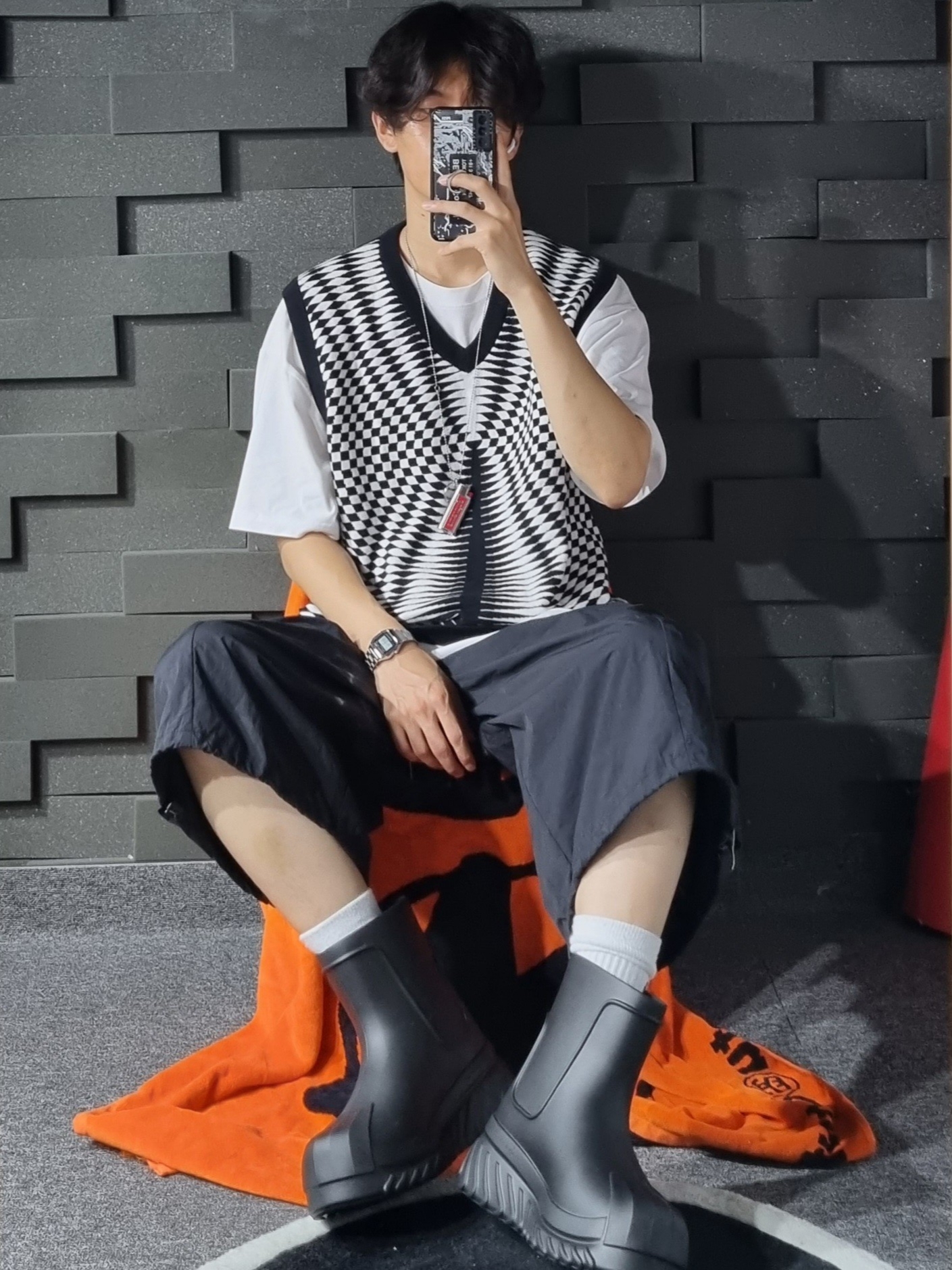 (W) Adidas Adifom Superstar Boot Black, Stussy Psychedelic Check Vest Black 착용 스타일