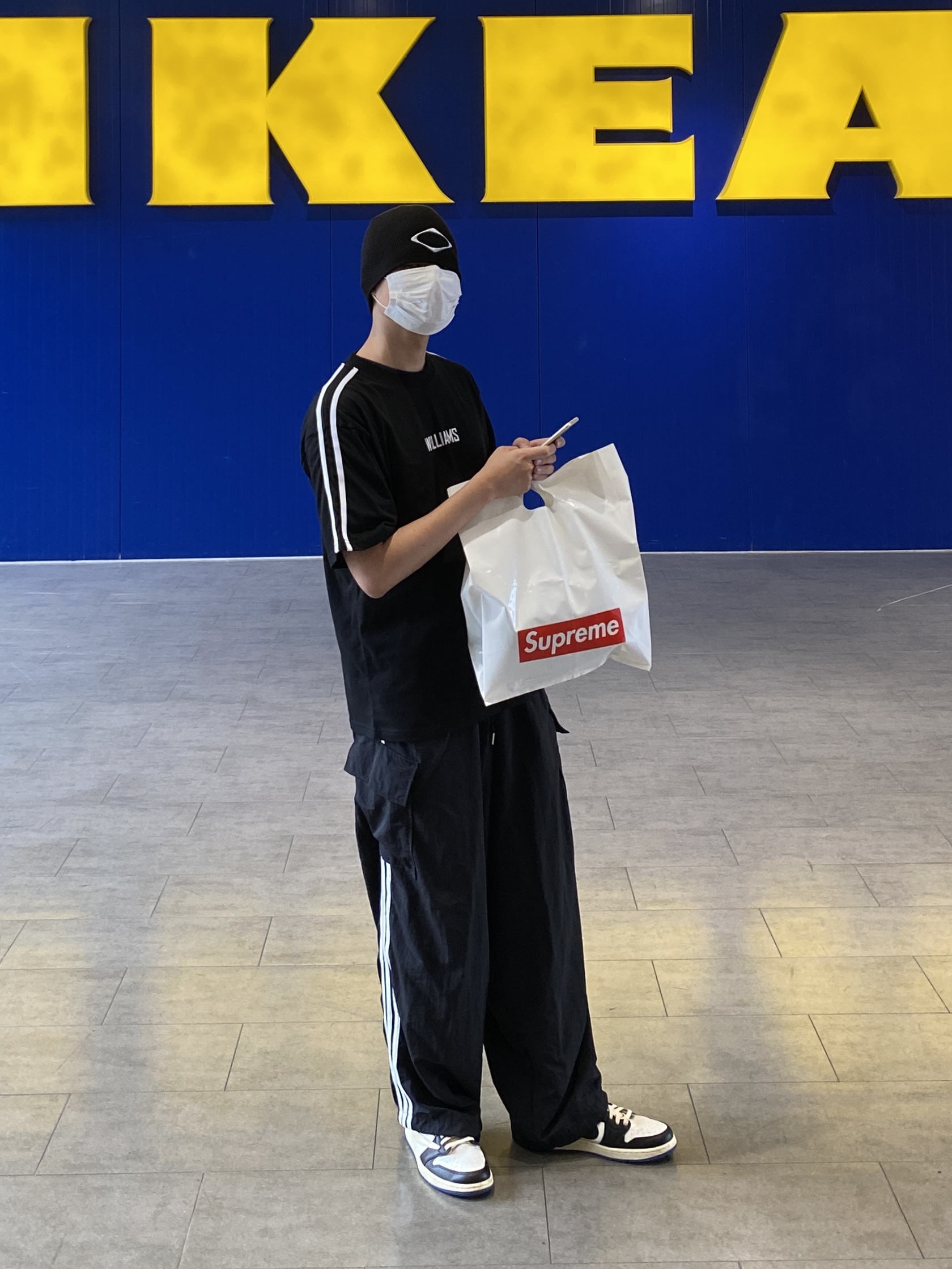 Jordan 1 x Travis Scott x Fragment Retro Low OG SP Military Blue, (W) Mischief Rhombus Beanie Black 착용 스타일 - 1