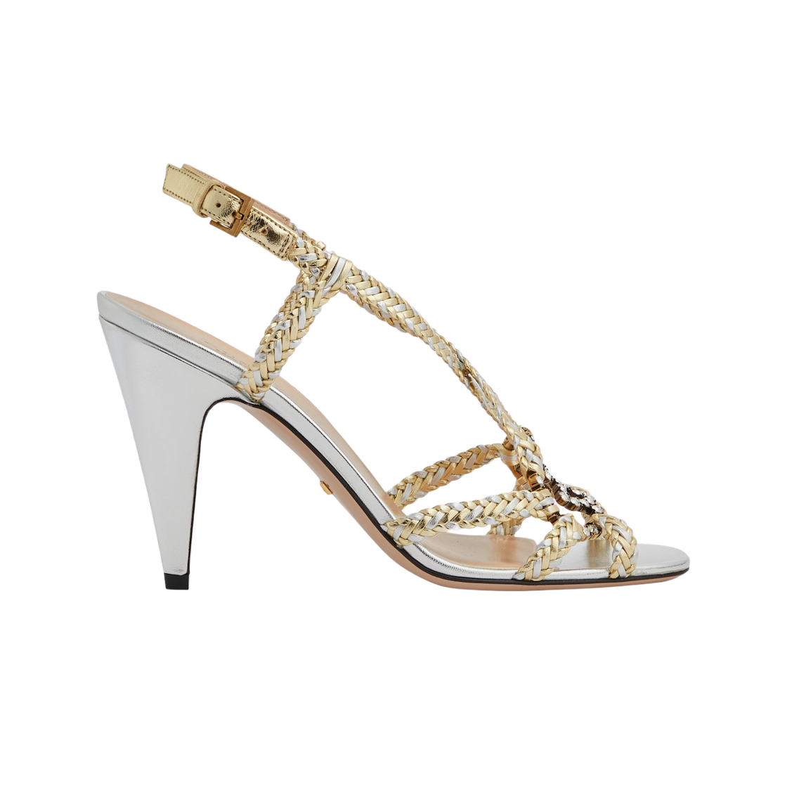 (W) 구찌 노점 하이힐 샌들 메탈릭 플래티넘 레더((W) Gucci Nojum High Heel Sandal Metallic Platinum Leather) - 1