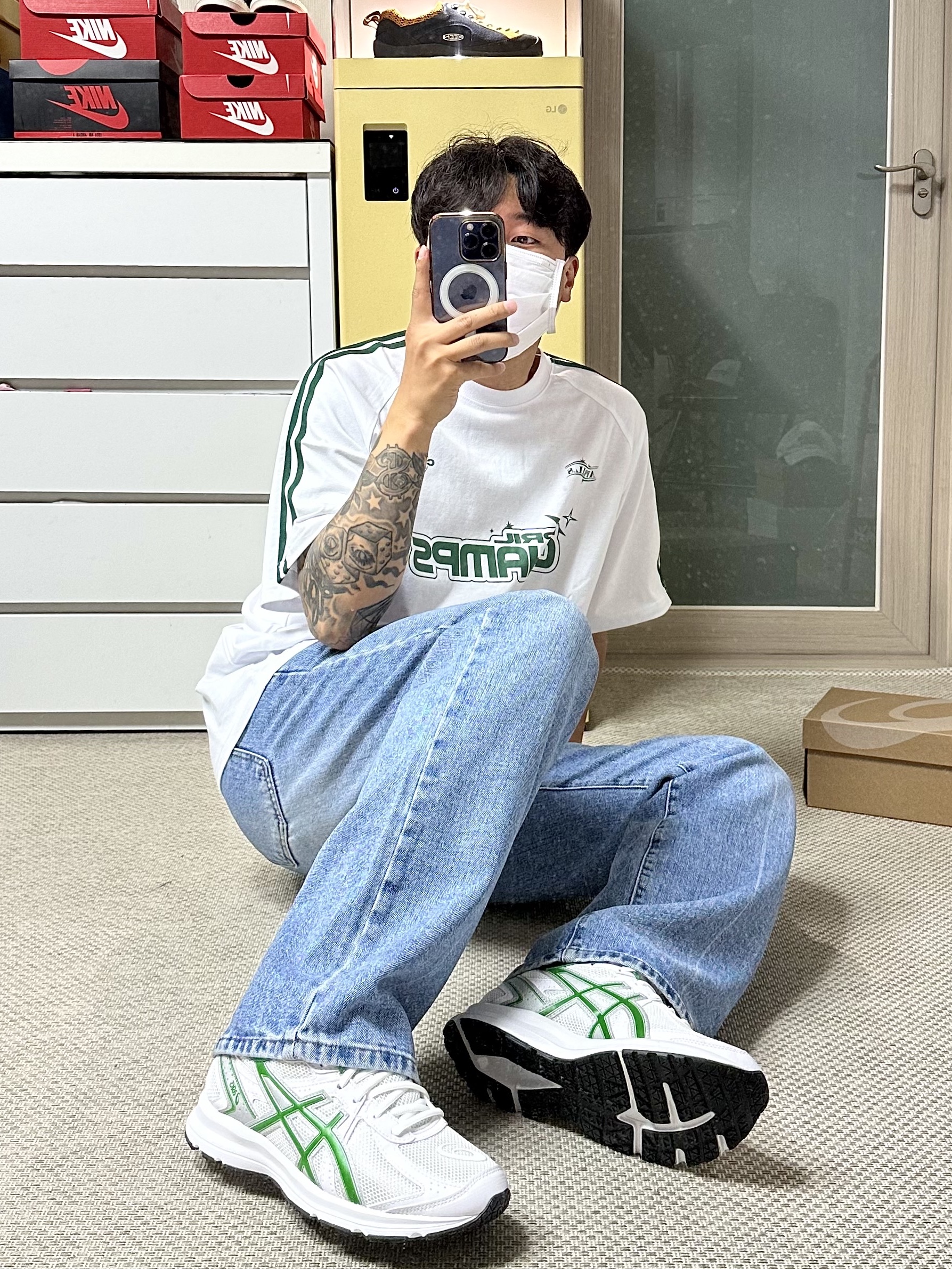 Asics Jog 100 S White Green - 2E Wide 착용 스타일 - 2