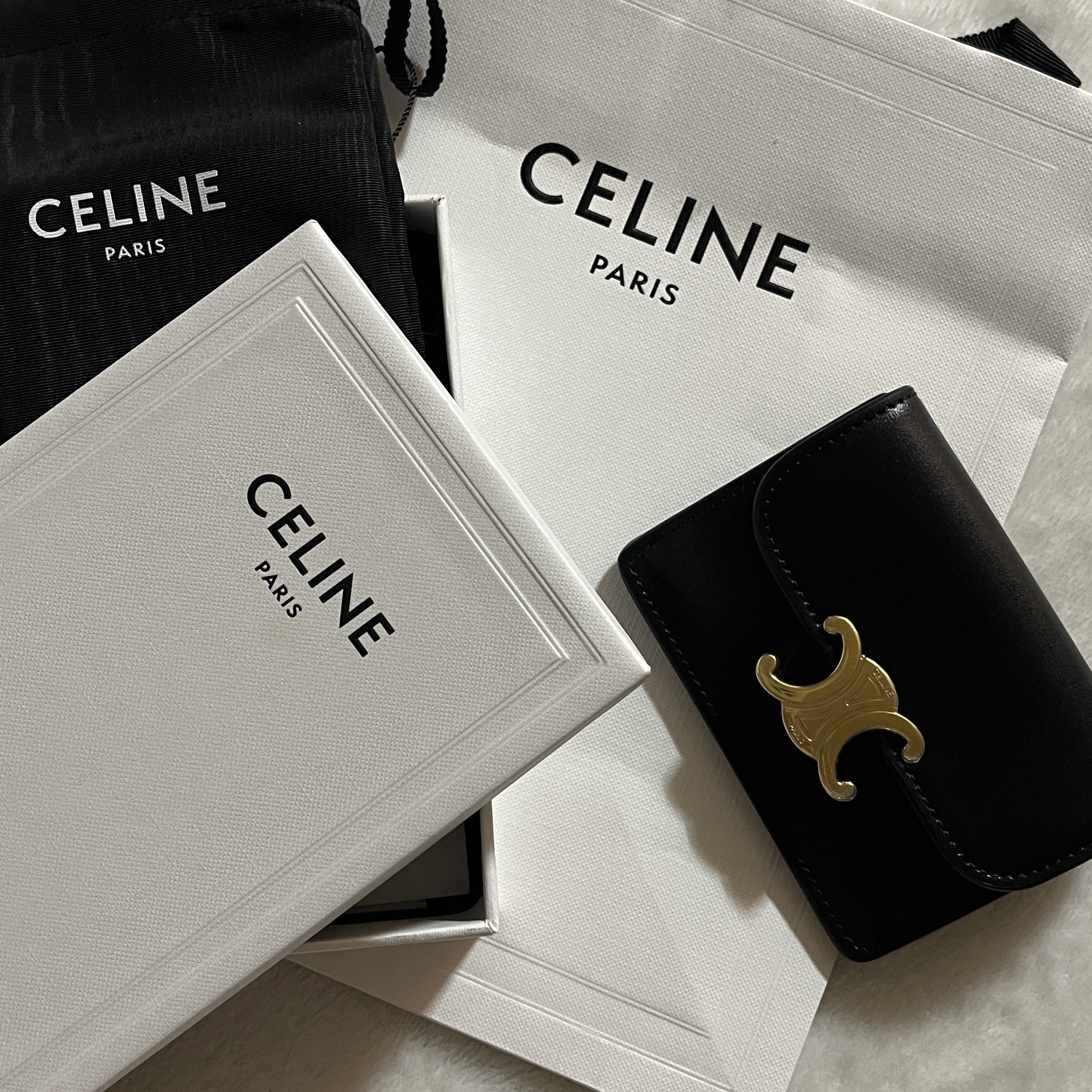 Celine Card Holder with Flap in Shiny Calfskin Black 착용 스타일