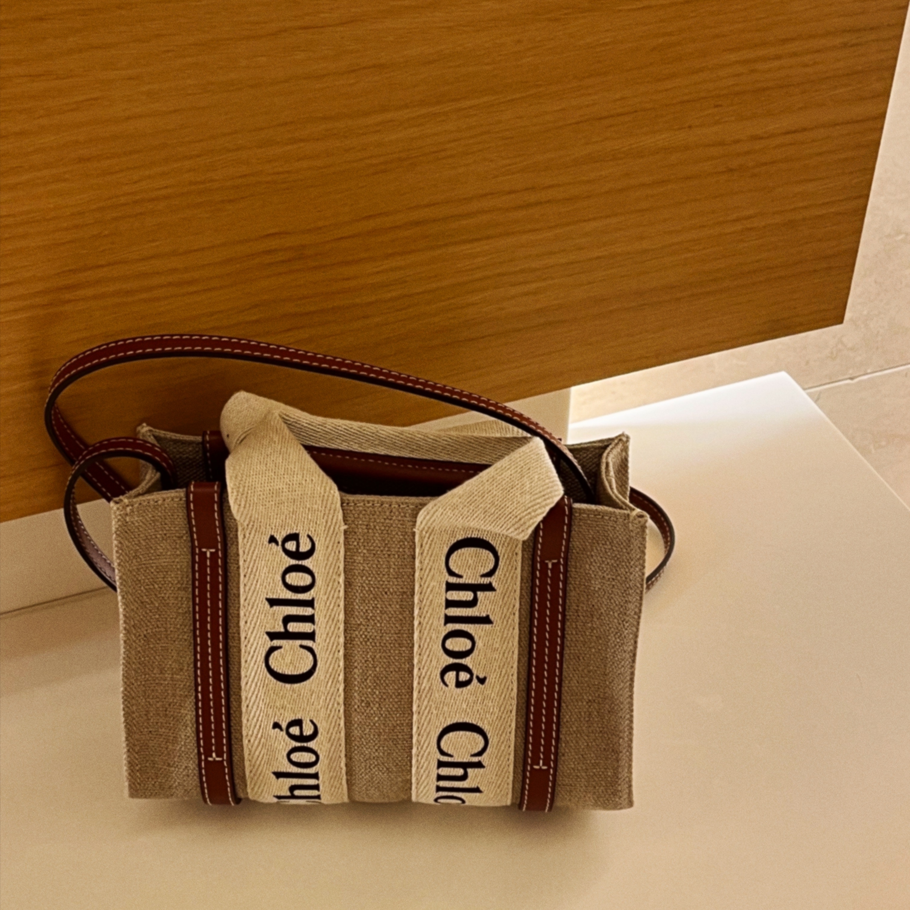 Chloe Woody Mini Tote Bag White Brown 착용 스타일