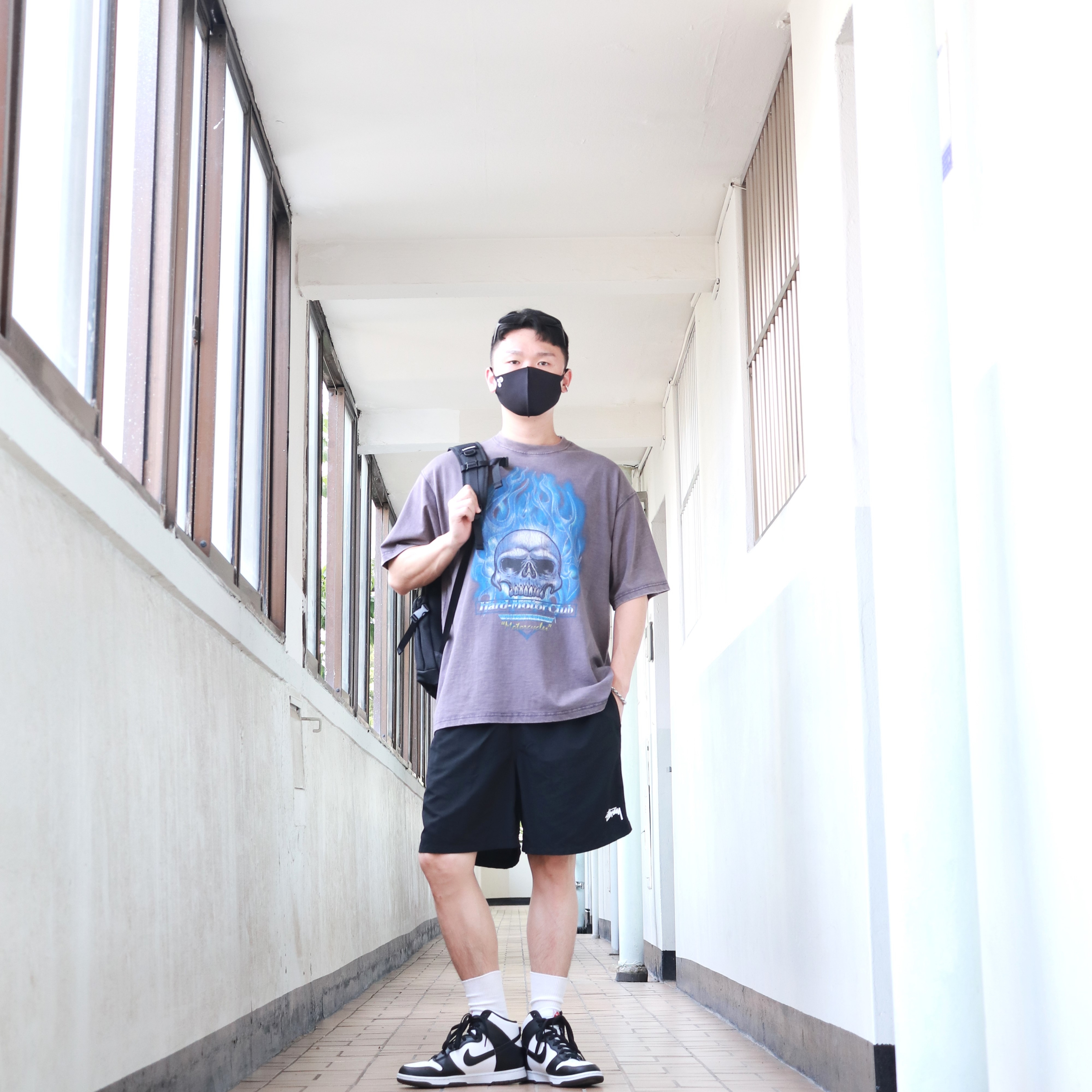 Nike Dunk High Retro Black and White, Stussy Stock Water Shorts Black 착용 스타일